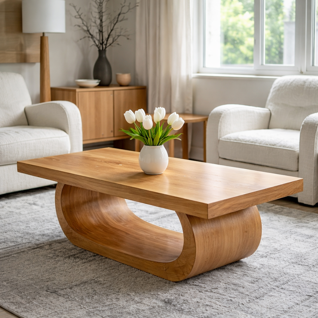 Solid Wood Coffee Table for Living Room with Curved Sculptural Base