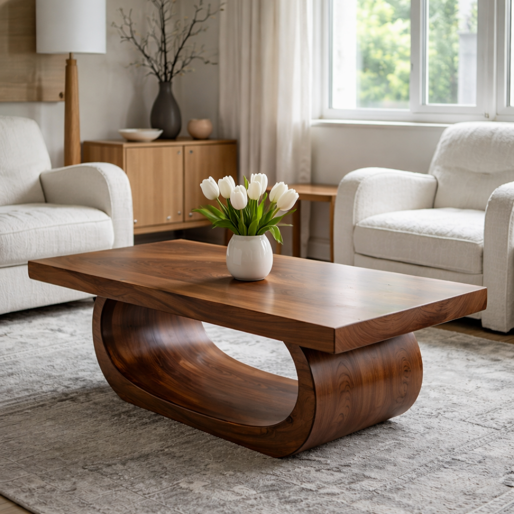 Solid Wood Coffee Table for Living Room with Curved Sculptural Base