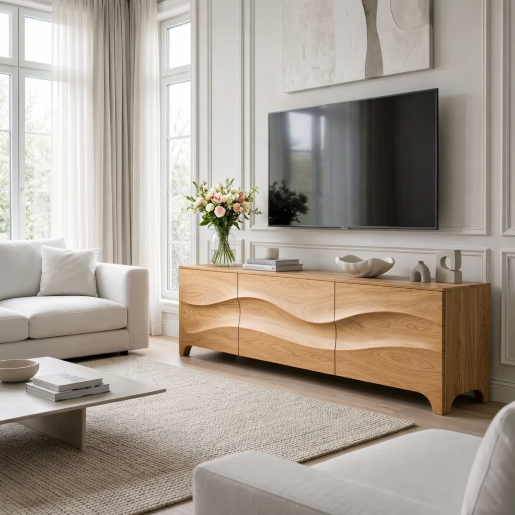Modern Walnut Wave TV Stand – Sculpted Wood Media Console