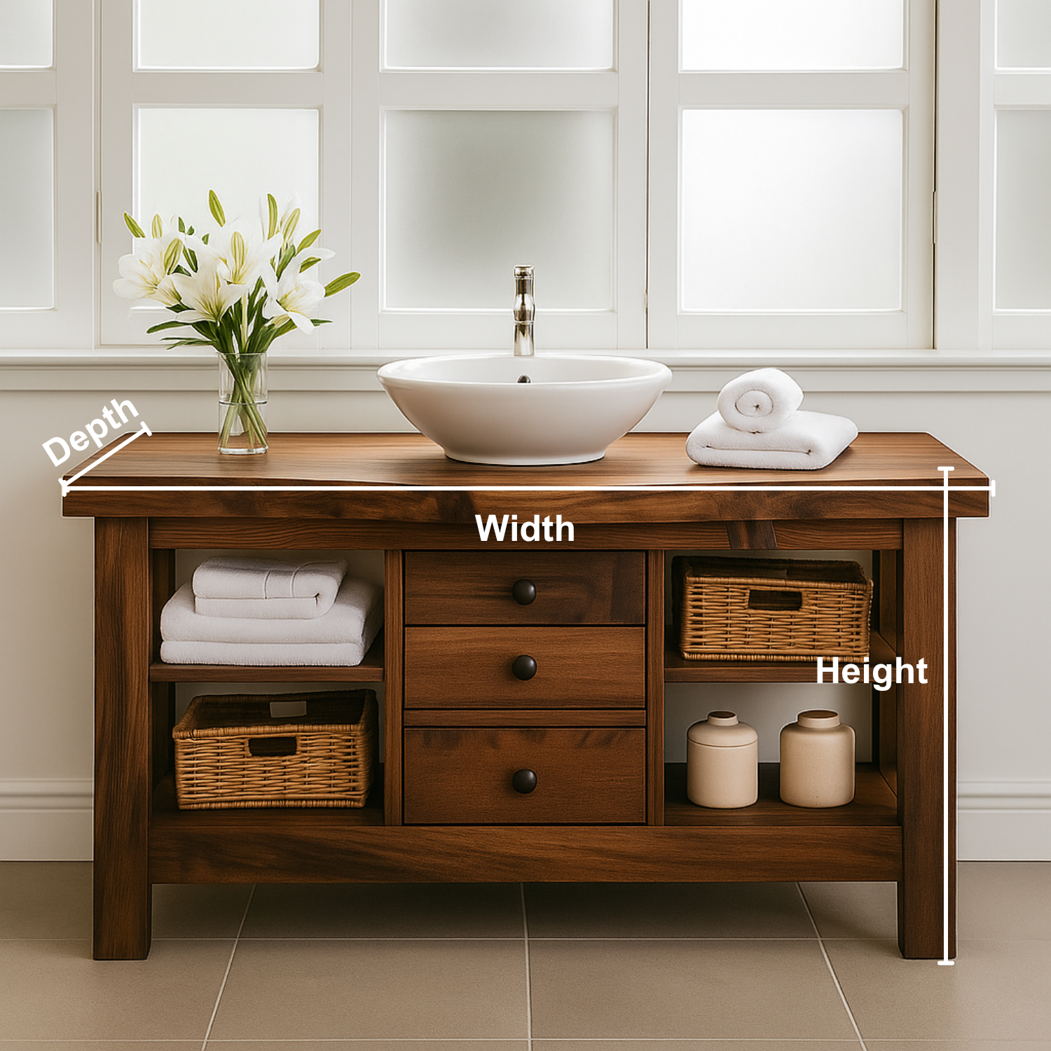 Solid Wood Bathroom Vanity with 3 Drawers & Open Shelf Storage