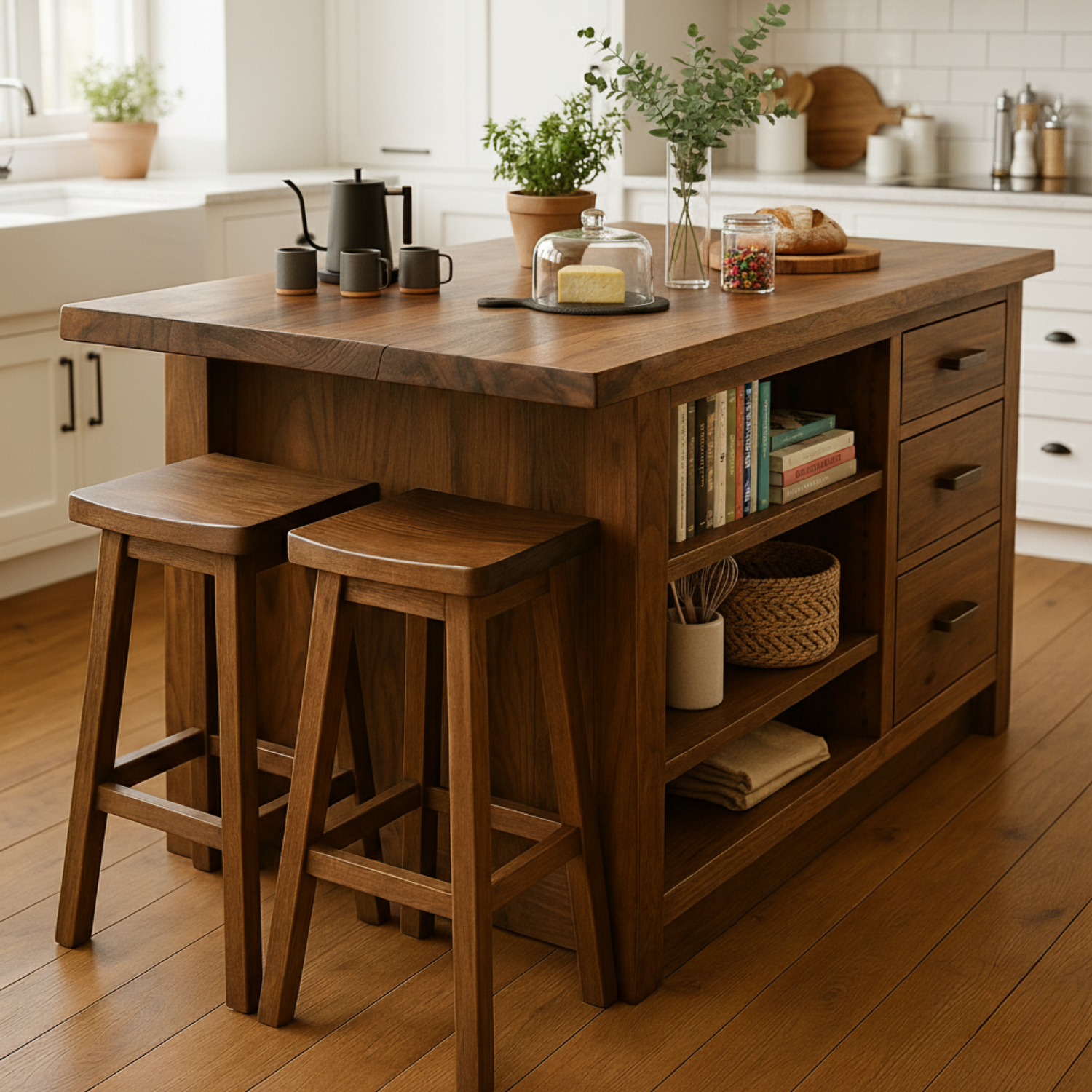 Live Edge Solid Wood Kitchen Island with Drawers - Rustic Farmhouse Butcher Block Prep Station