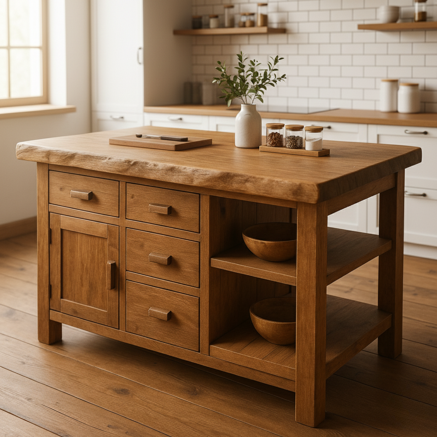 Rustic Solid Wood Kitchen Island with Storage Drawers and Open Shelving