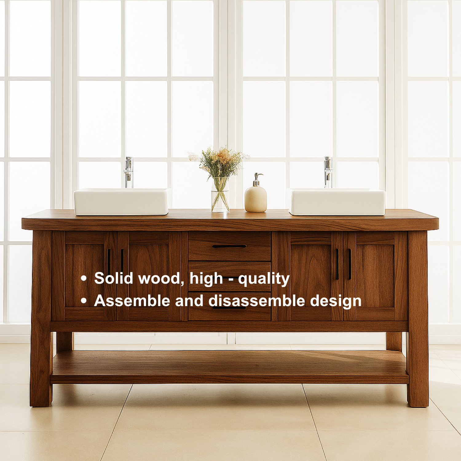 Solid Wood Double Bathroom Vanity with Drawers, Cabinets & Open Shelf