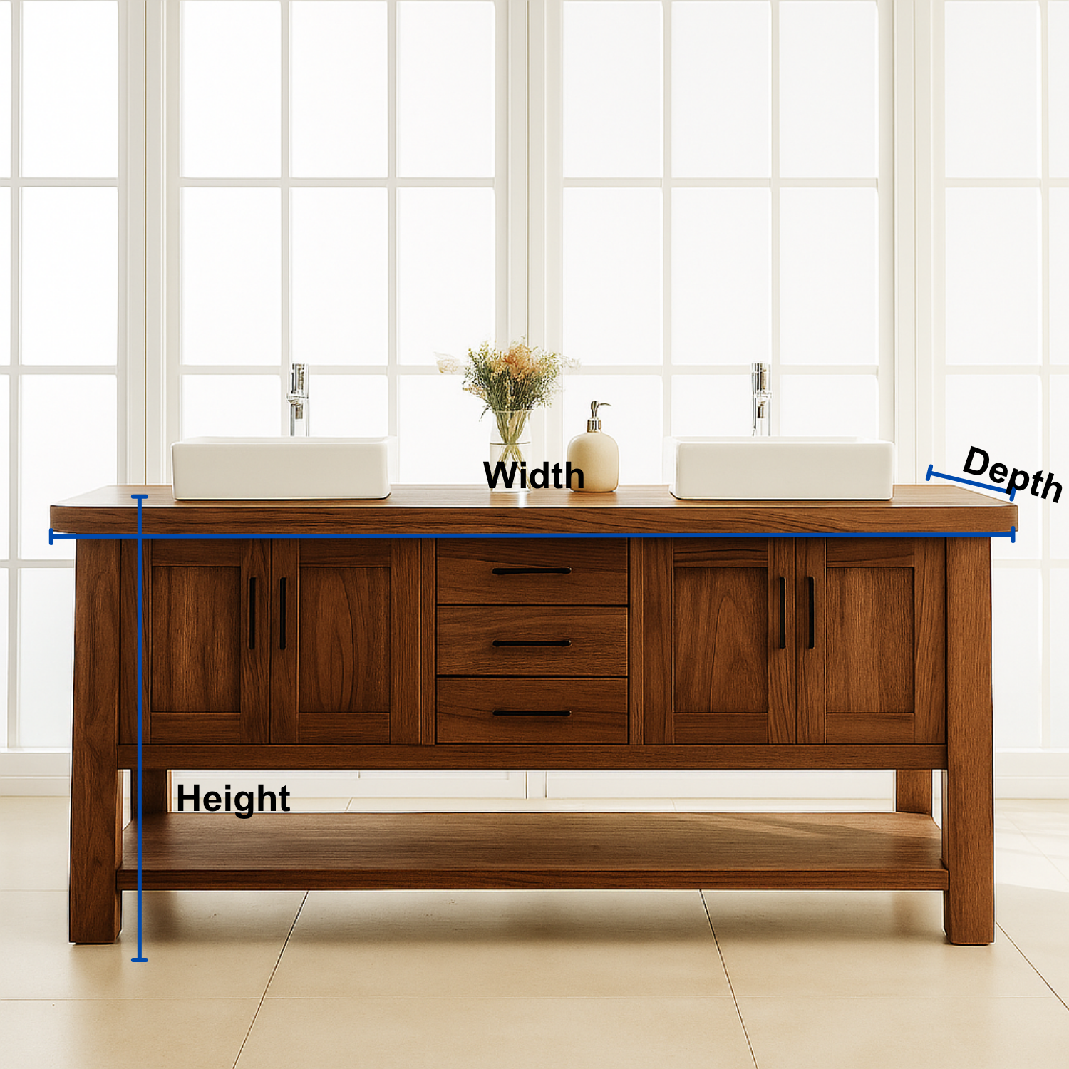 Solid Wood Double Bathroom Vanity with Drawers, Cabinets & Open Shelf