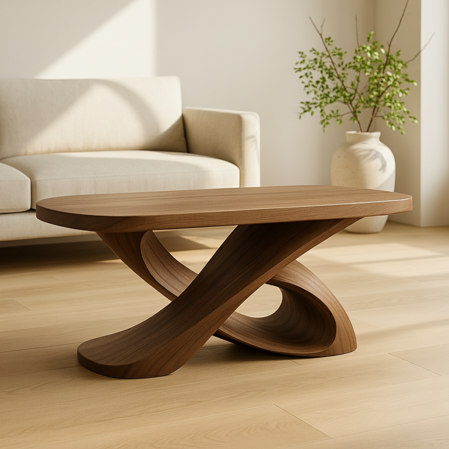Modern Solid Wood Coffee Table with Sculptural Curved Base – Handmade Living Room Table