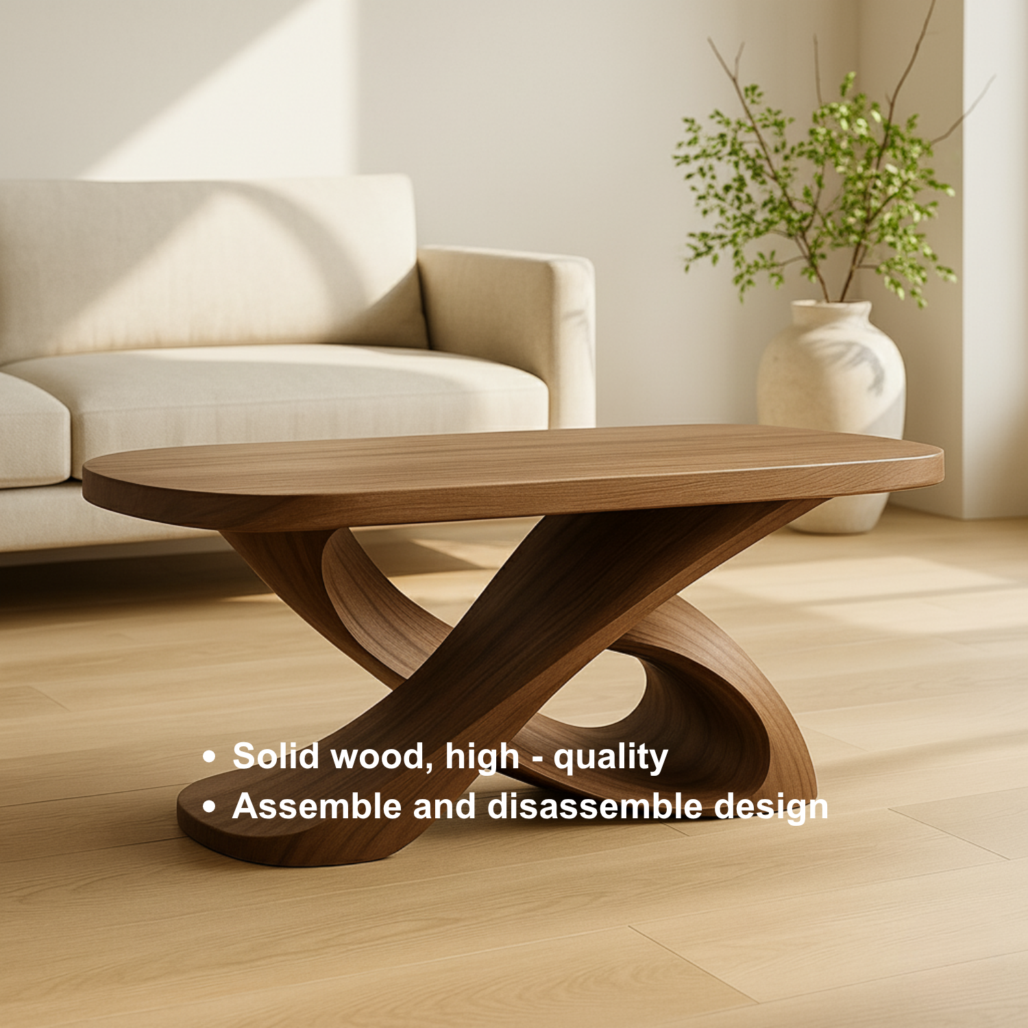 Modern Solid Wood Coffee Table with Sculptural Curved Base – Handmade Living Room Table