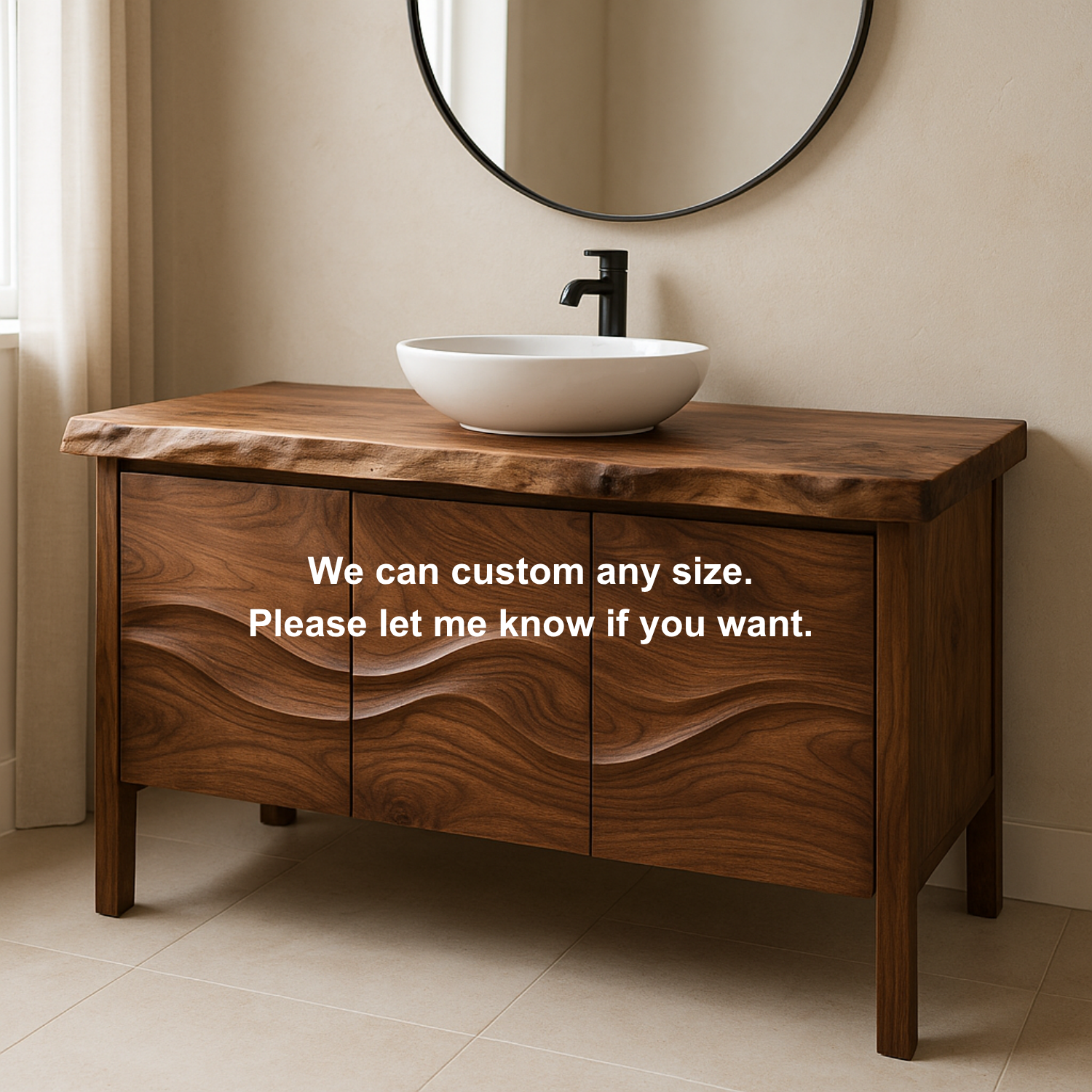 Solid Wood Bathroom Vanity with Sculpted Wave Front & Live Edge Top