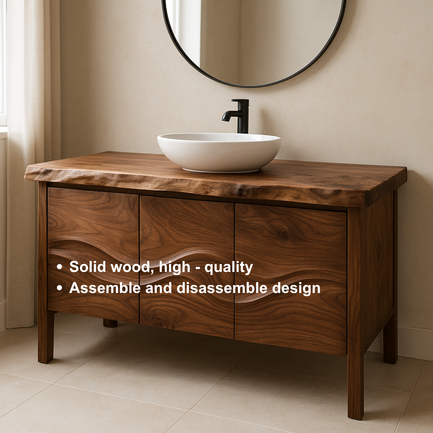 Solid Wood Bathroom Vanity with Sculpted Wave Front & Live Edge Top