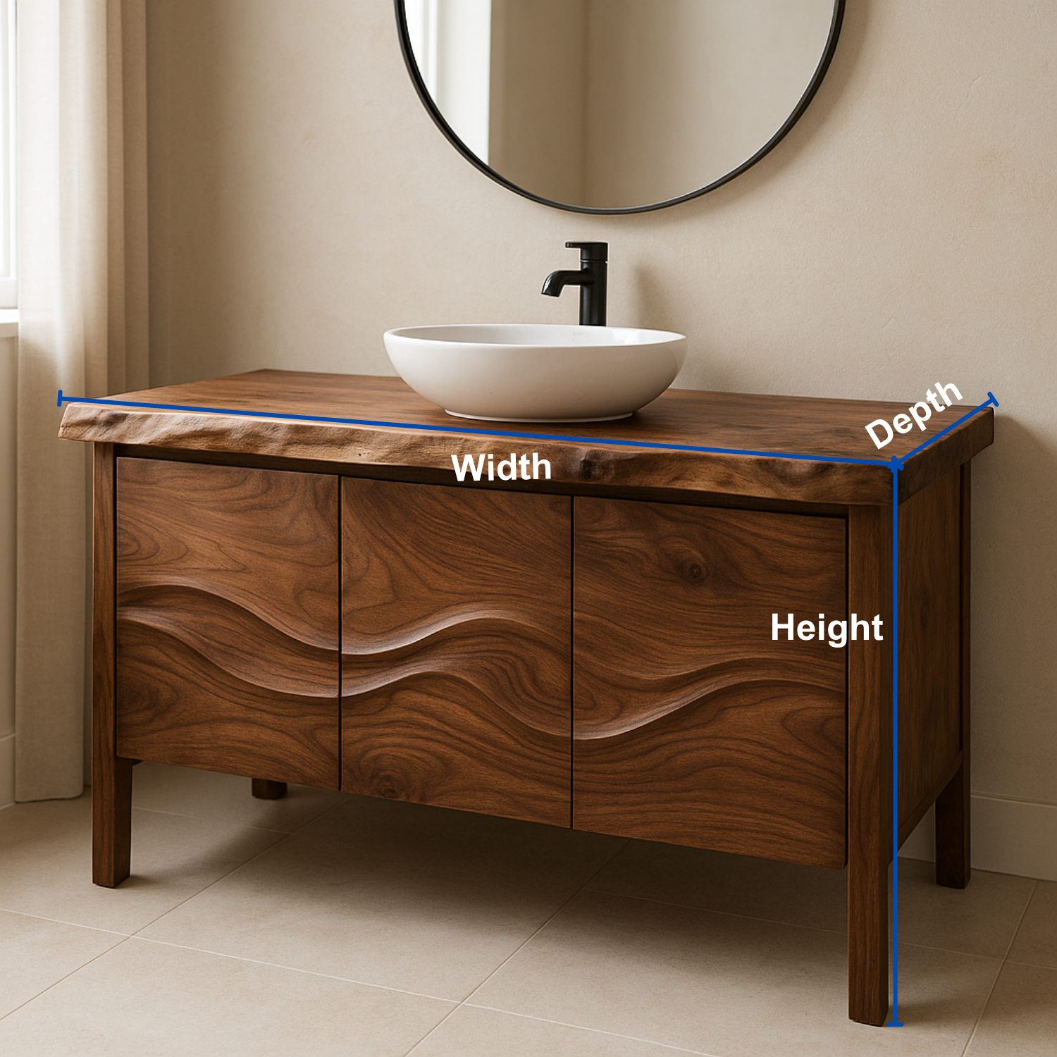 Solid Wood Bathroom Vanity with Sculpted Wave Front & Live Edge Top