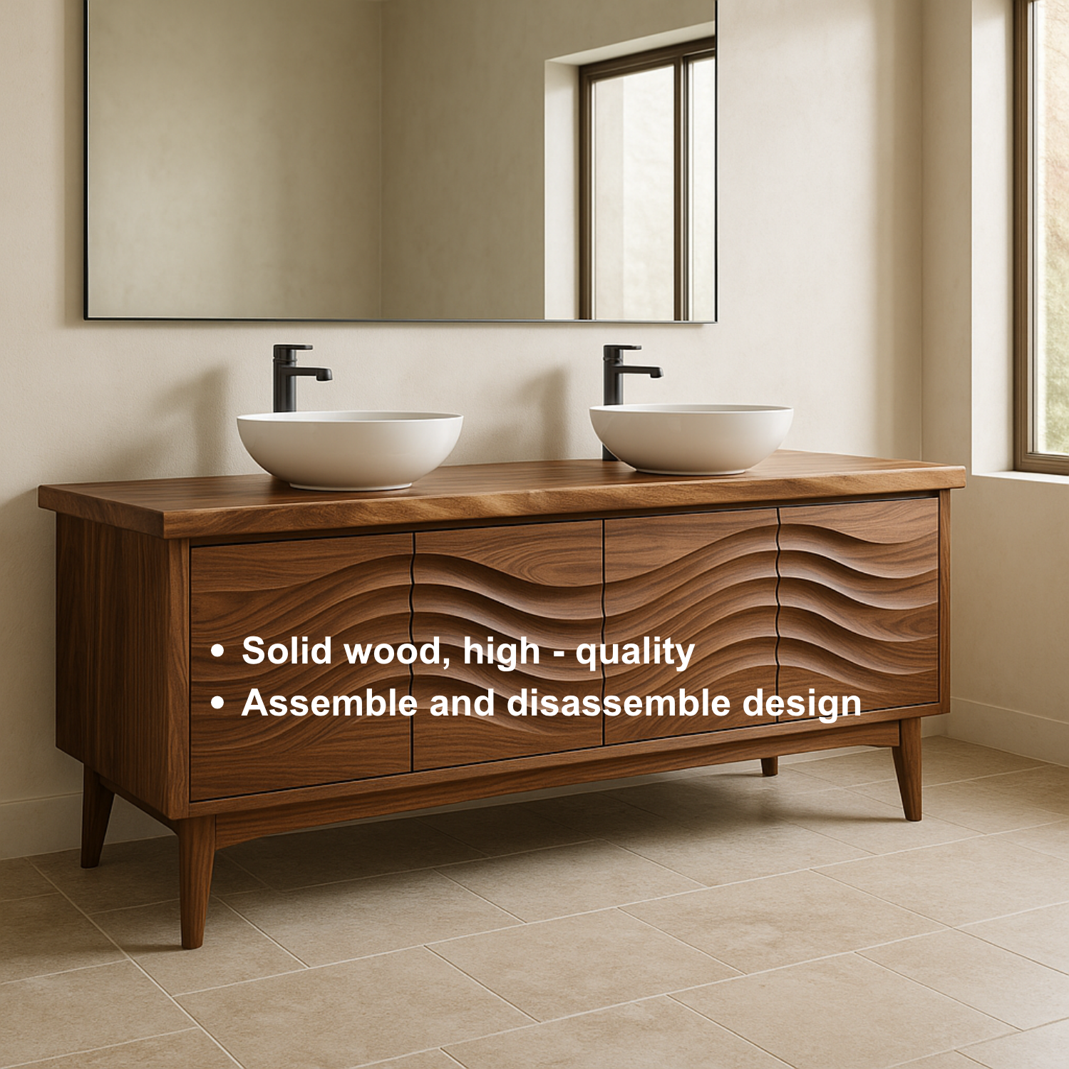 Solid Wood Double Sink Bathroom Vanity with Sculpted Wave Front