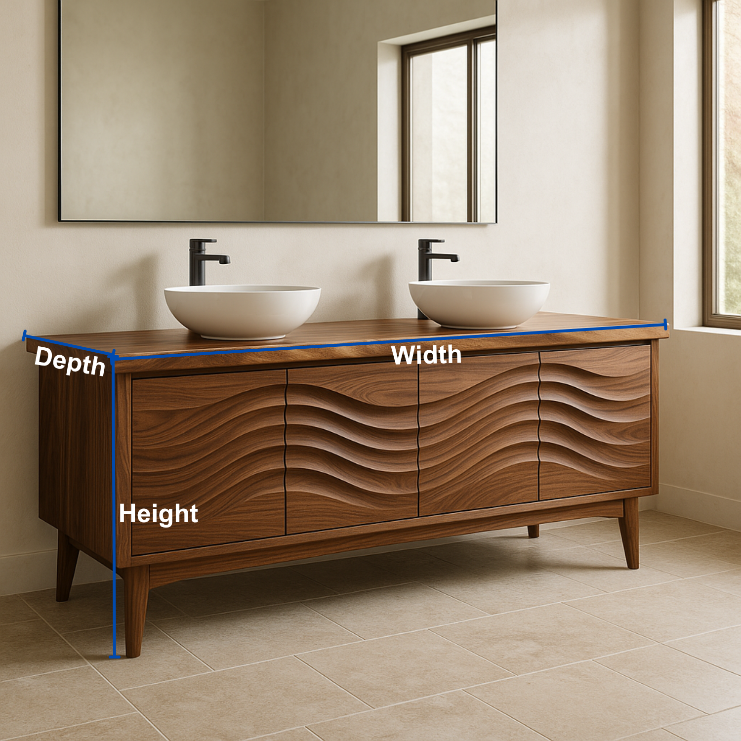Solid Wood Double Sink Bathroom Vanity with Sculpted Wave Front