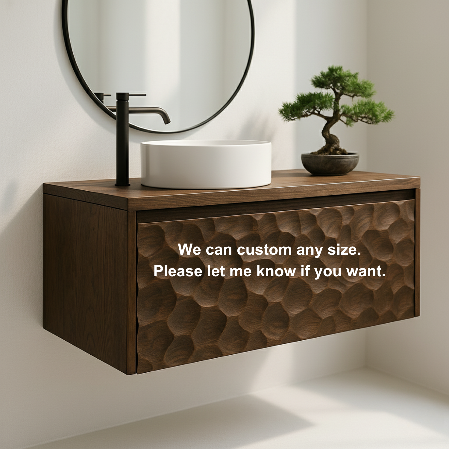Solid Wood Floating Bathroom Vanity with Hand-Carved Front – Modern Wall Mounted Vanity