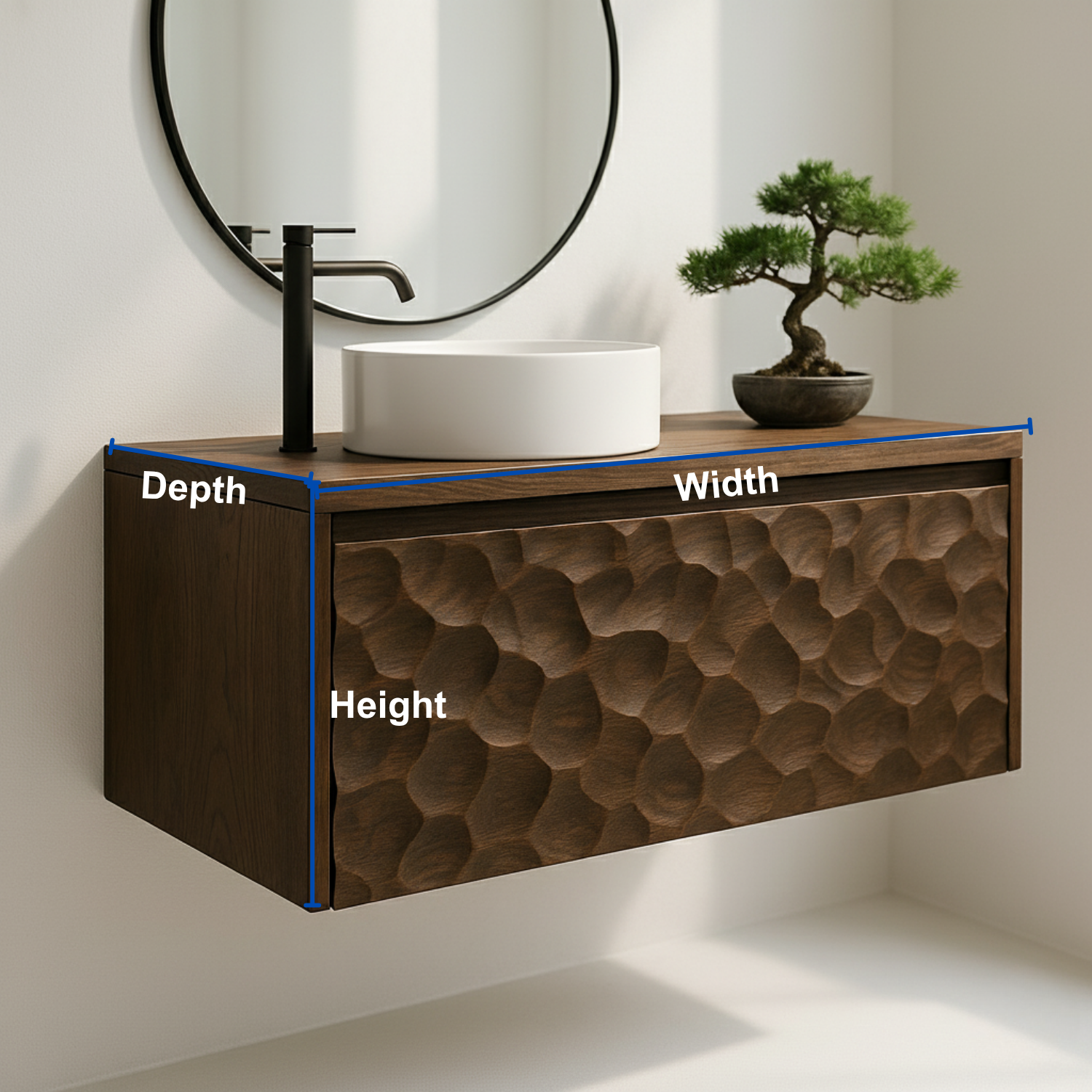 Solid Wood Floating Bathroom Vanity with Hand-Carved Front – Modern Wall Mounted Vanity