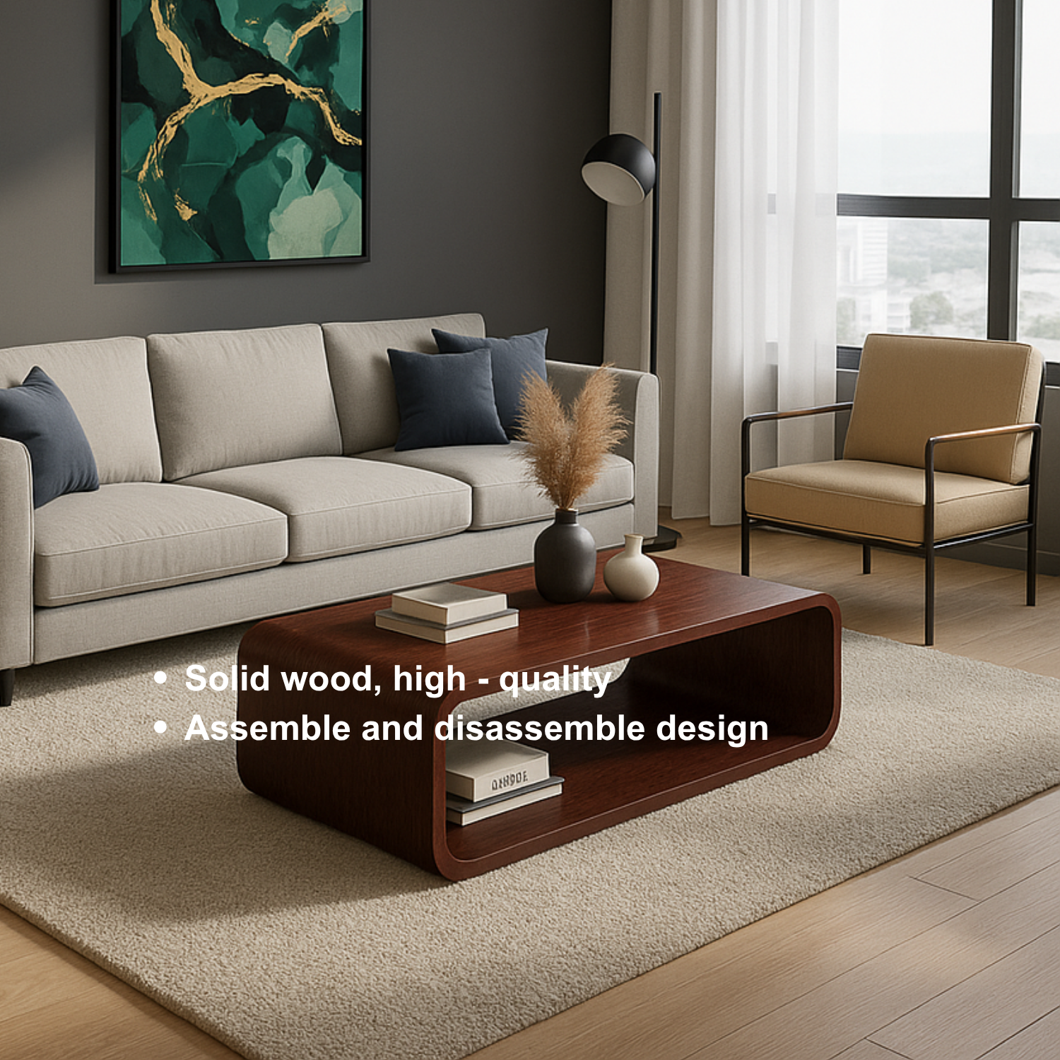 Solid Wood Coffee Table with Open Shelf – Modern Low Coffee Table for Living Room