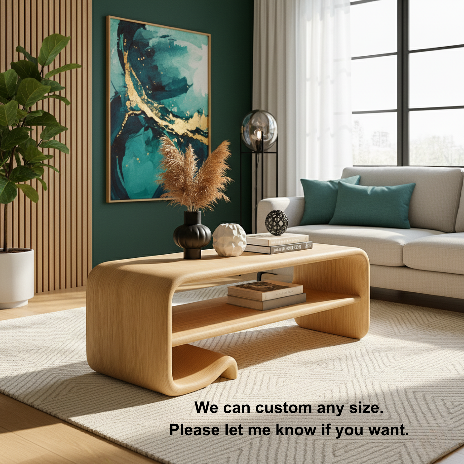 Solid Wood Coffee Table with Shelf – Modern Curved Wooden Coffee Table for Living Room