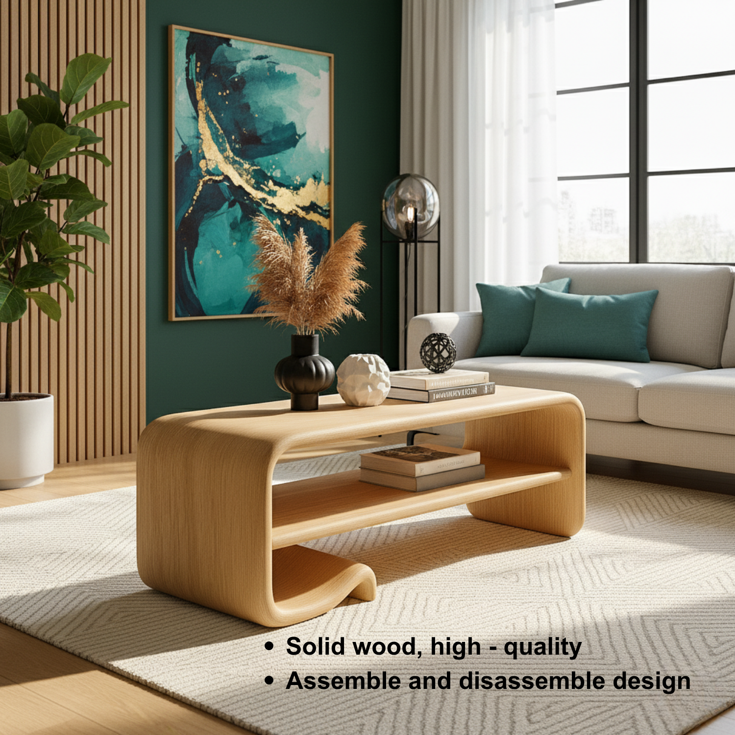 Solid Wood Coffee Table with Shelf – Modern Curved Wooden Coffee Table for Living Room