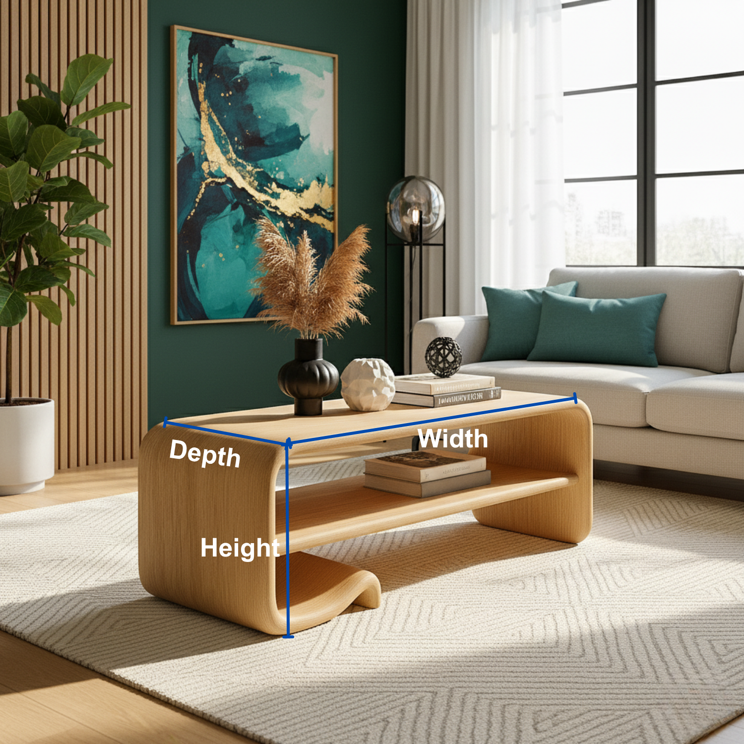 Solid Wood Coffee Table with Shelf – Modern Curved Wooden Coffee Table for Living Room
