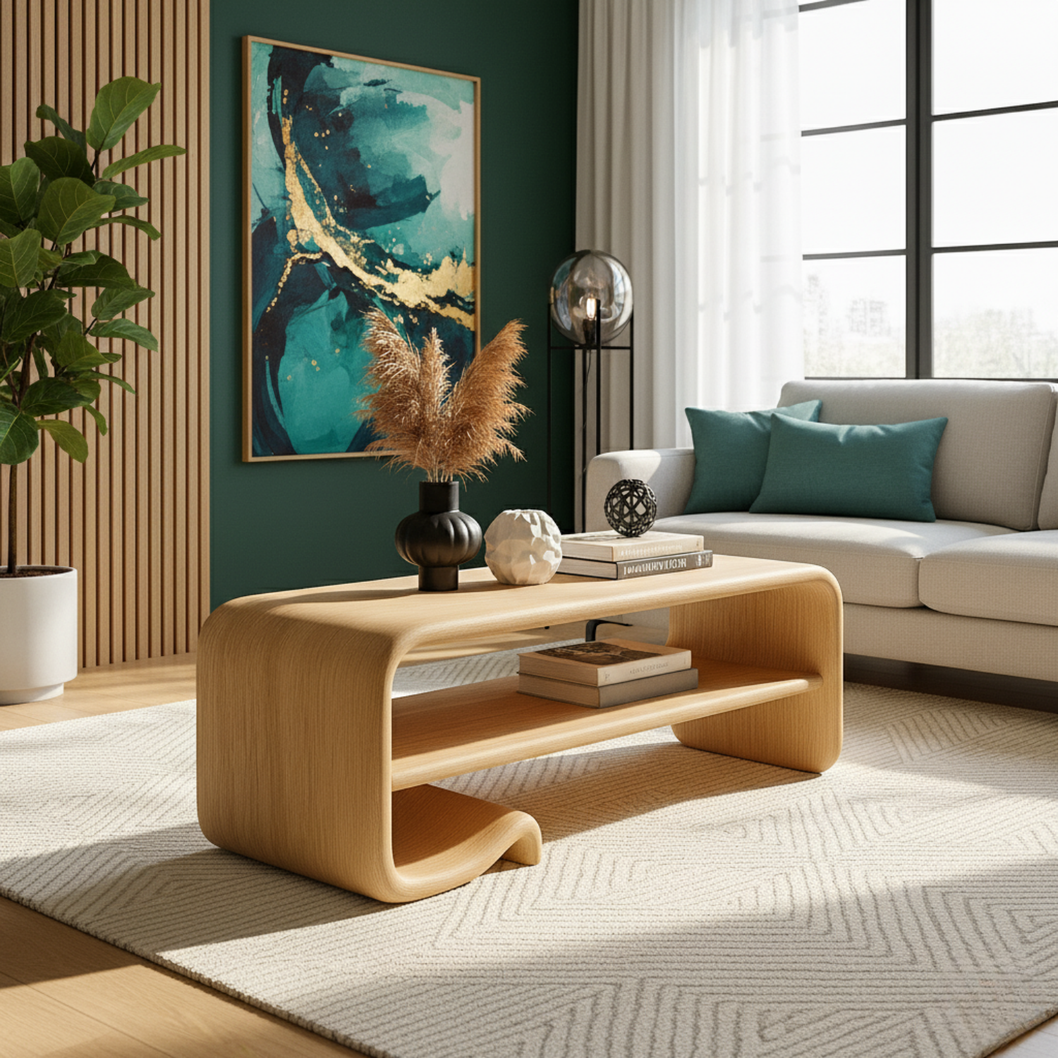 Solid Wood Coffee Table with Shelf – Modern Curved Wooden Coffee Table for Living Room