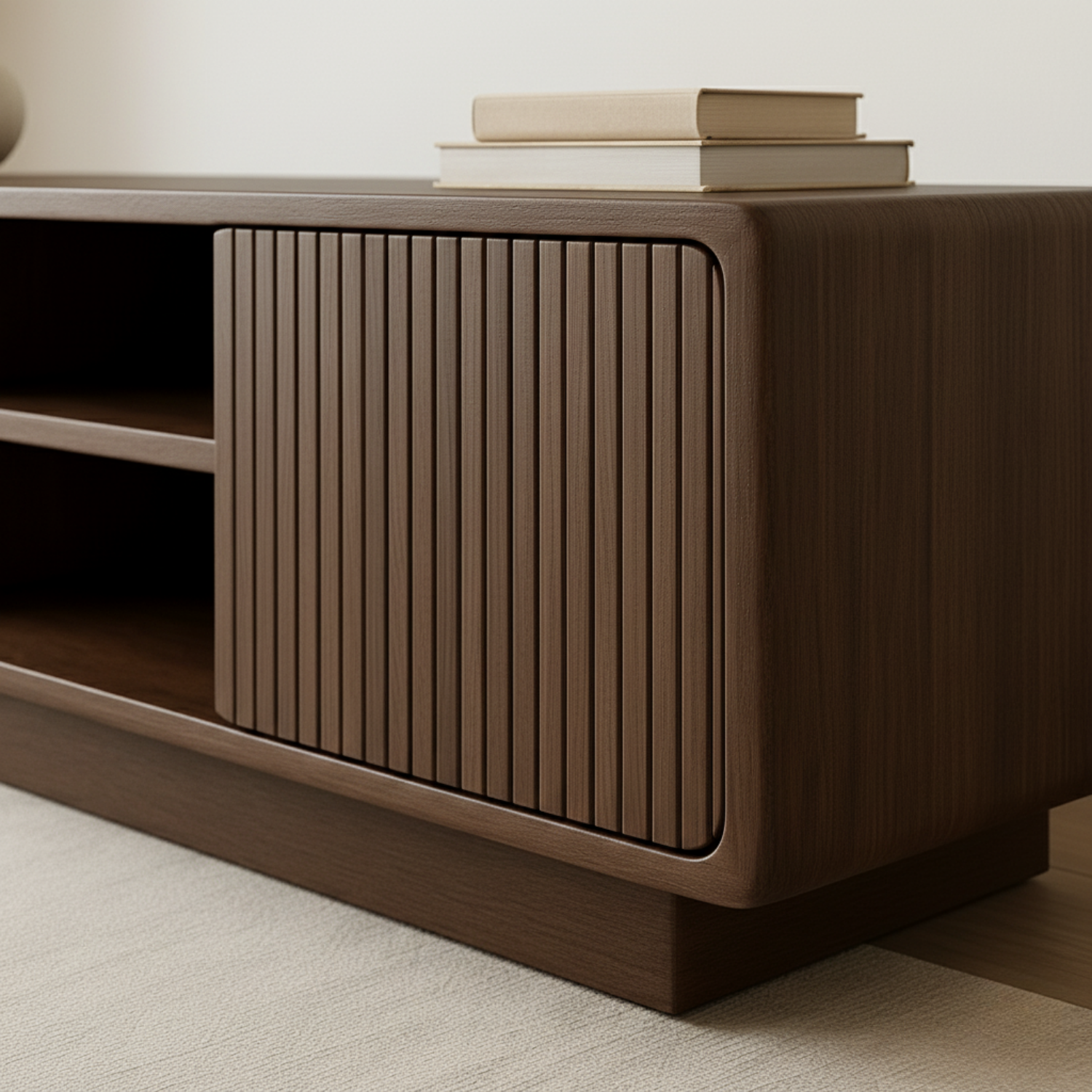 Solid Wood TV Stand with Rattan Detailing – Stylish Storage for Living Room