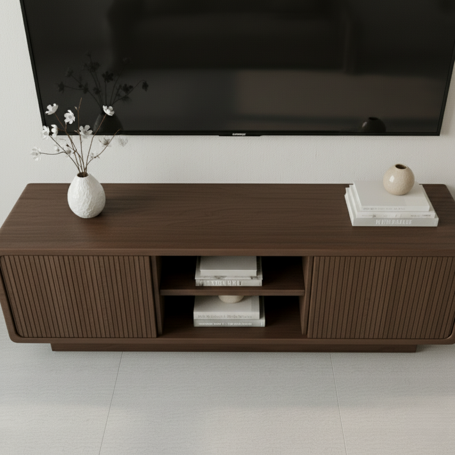 Solid Wood TV Stand with Rattan Detailing – Stylish Storage for Living Room