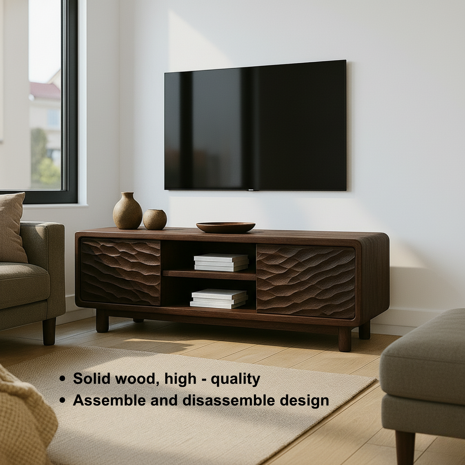 Solid Wood TV Stand with Wave-Pattern Doors & Open Shelving - Modern Living Room Design