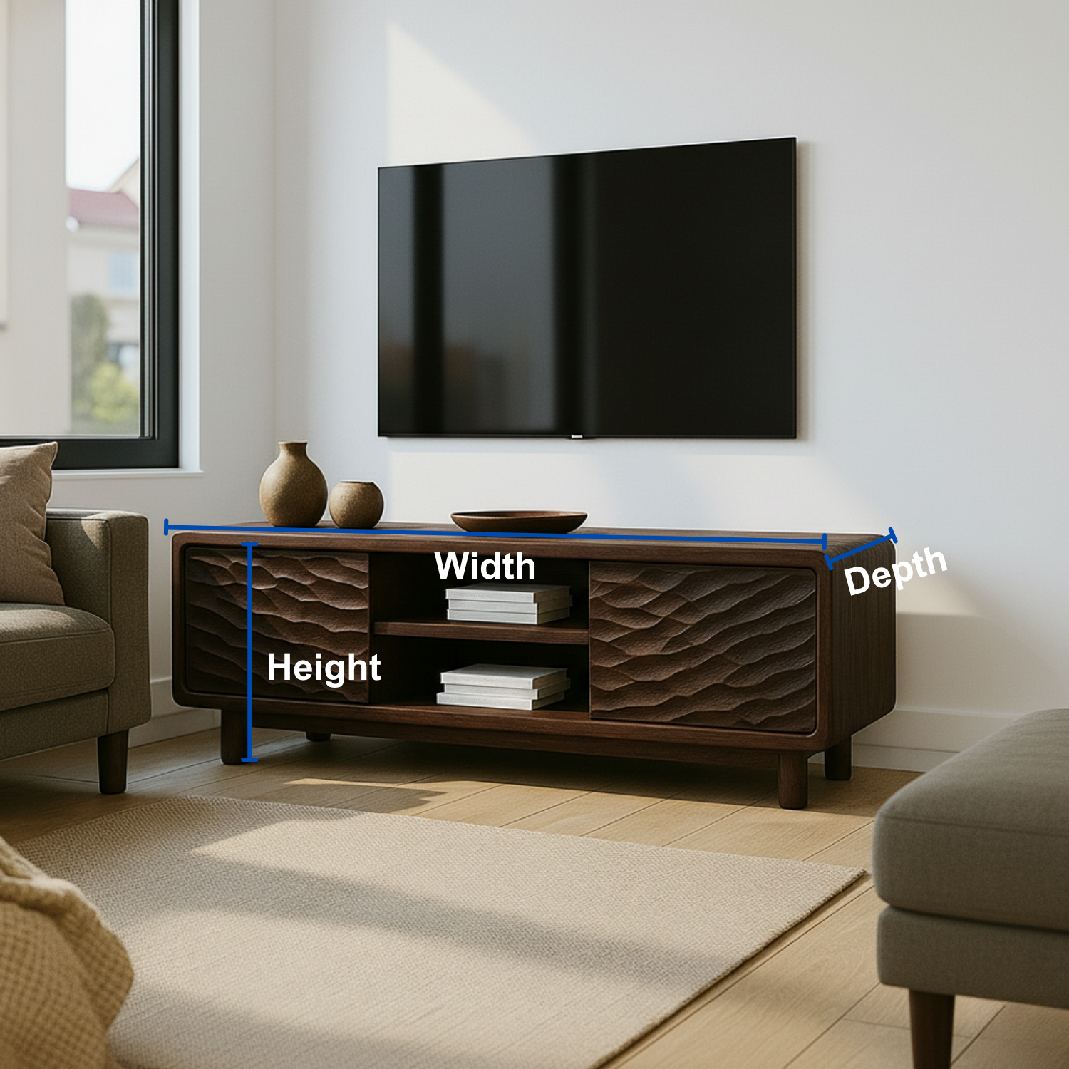 Solid Wood TV Stand with Wave-Pattern Doors & Open Shelving - Modern Living Room Design