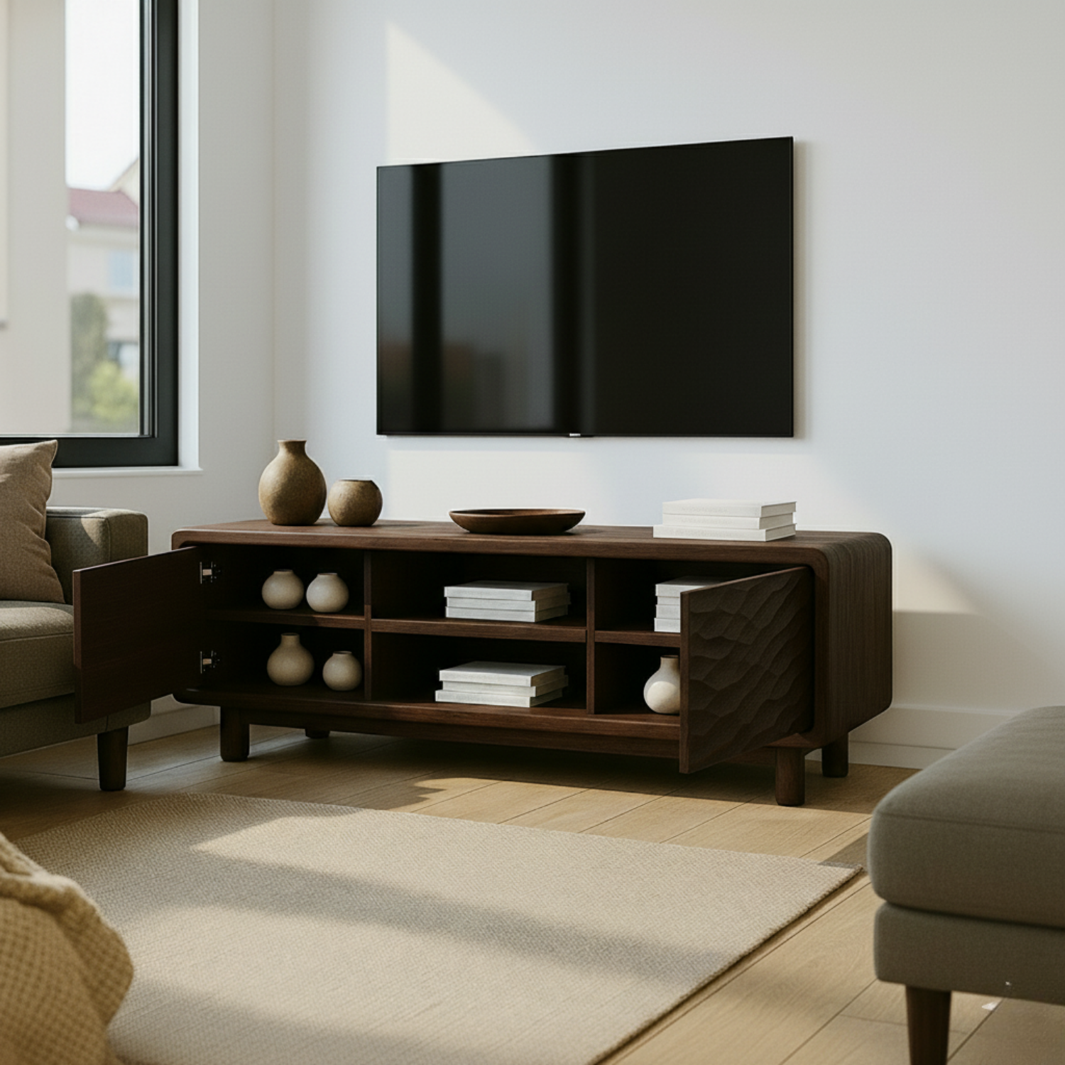 Solid Wood TV Stand with Wave-Pattern Doors & Open Shelving - Modern Living Room Design