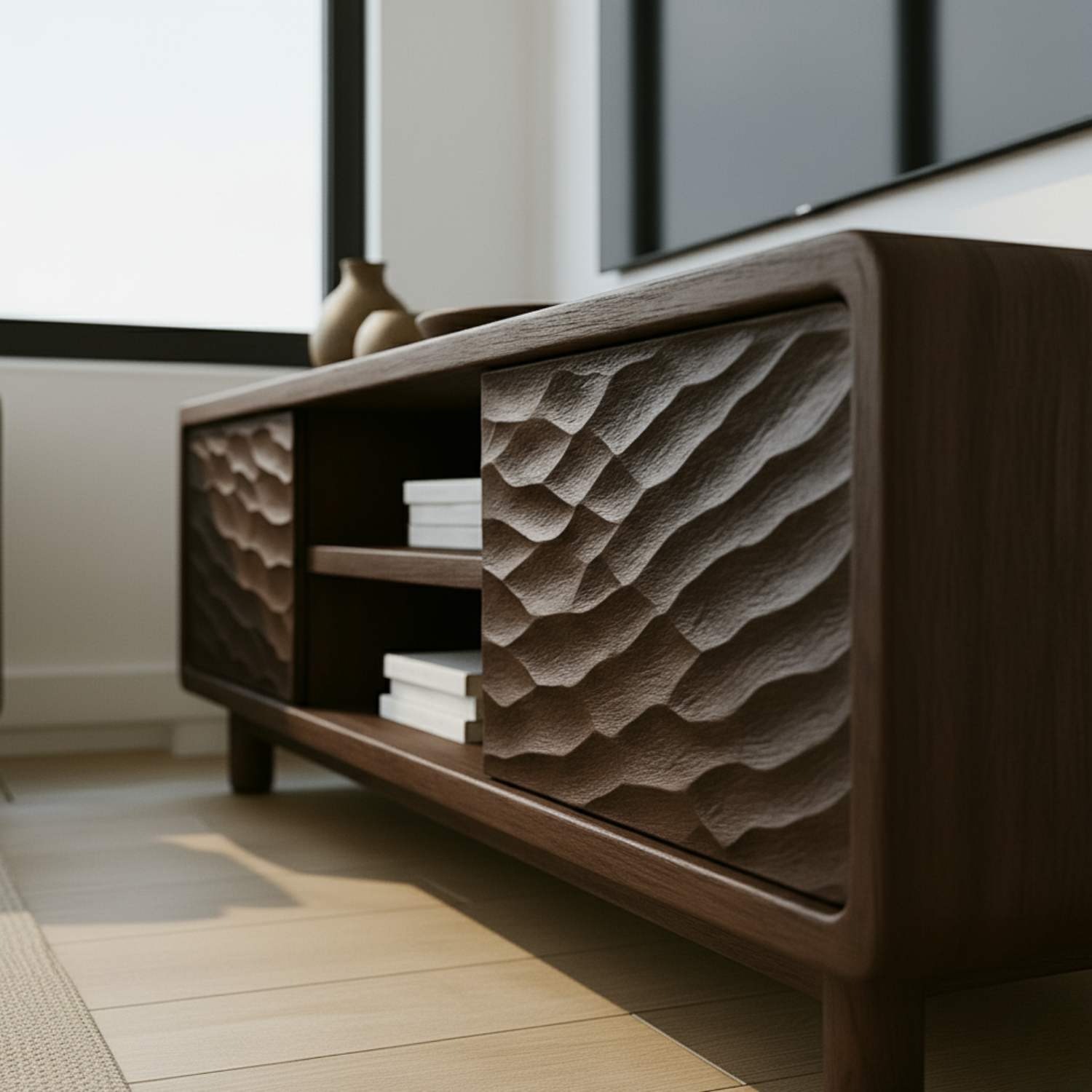 Solid Wood TV Stand with Wave-Pattern Doors & Open Shelving - Modern Living Room Design