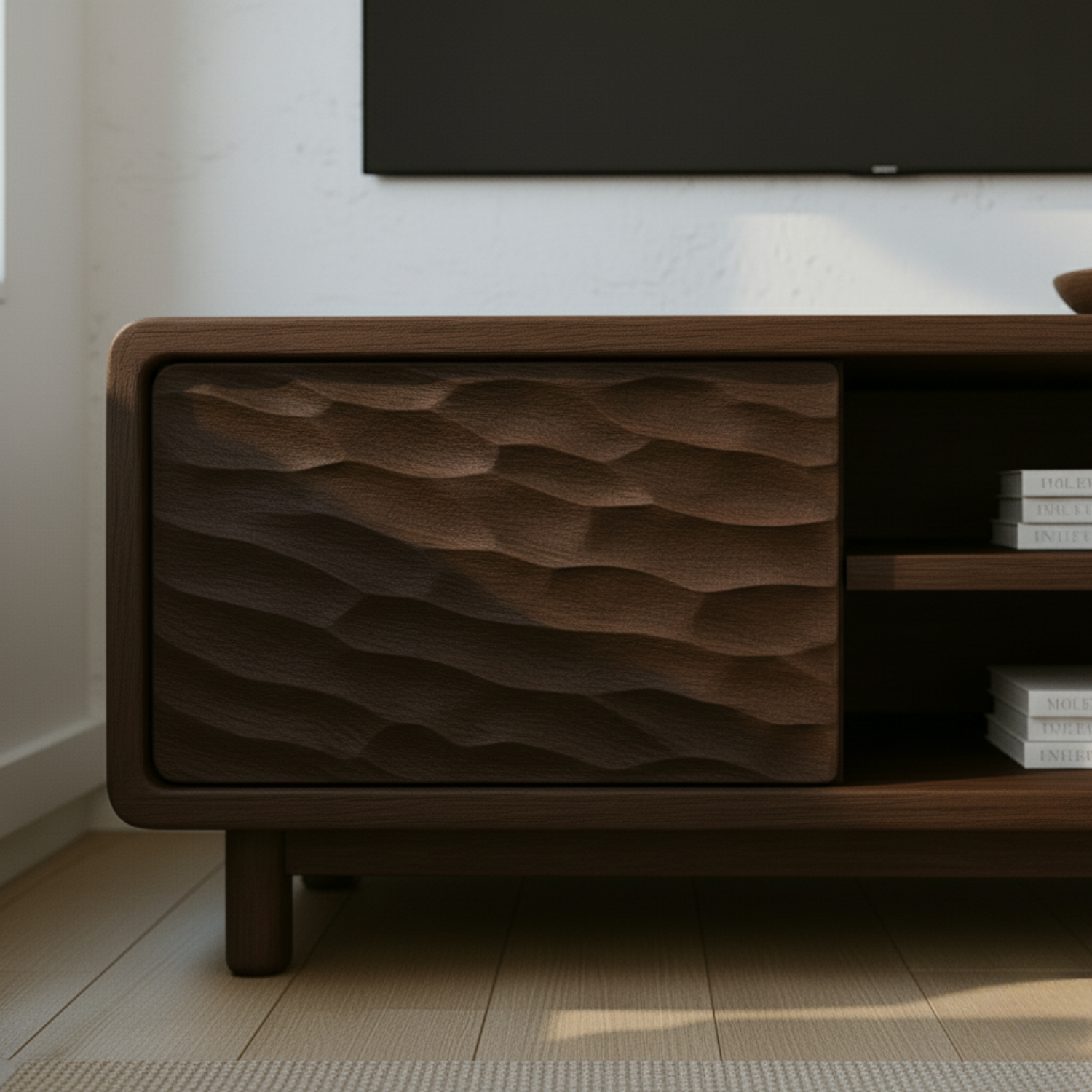 Solid Wood TV Stand with Wave-Pattern Doors & Open Shelving - Modern Living Room Design