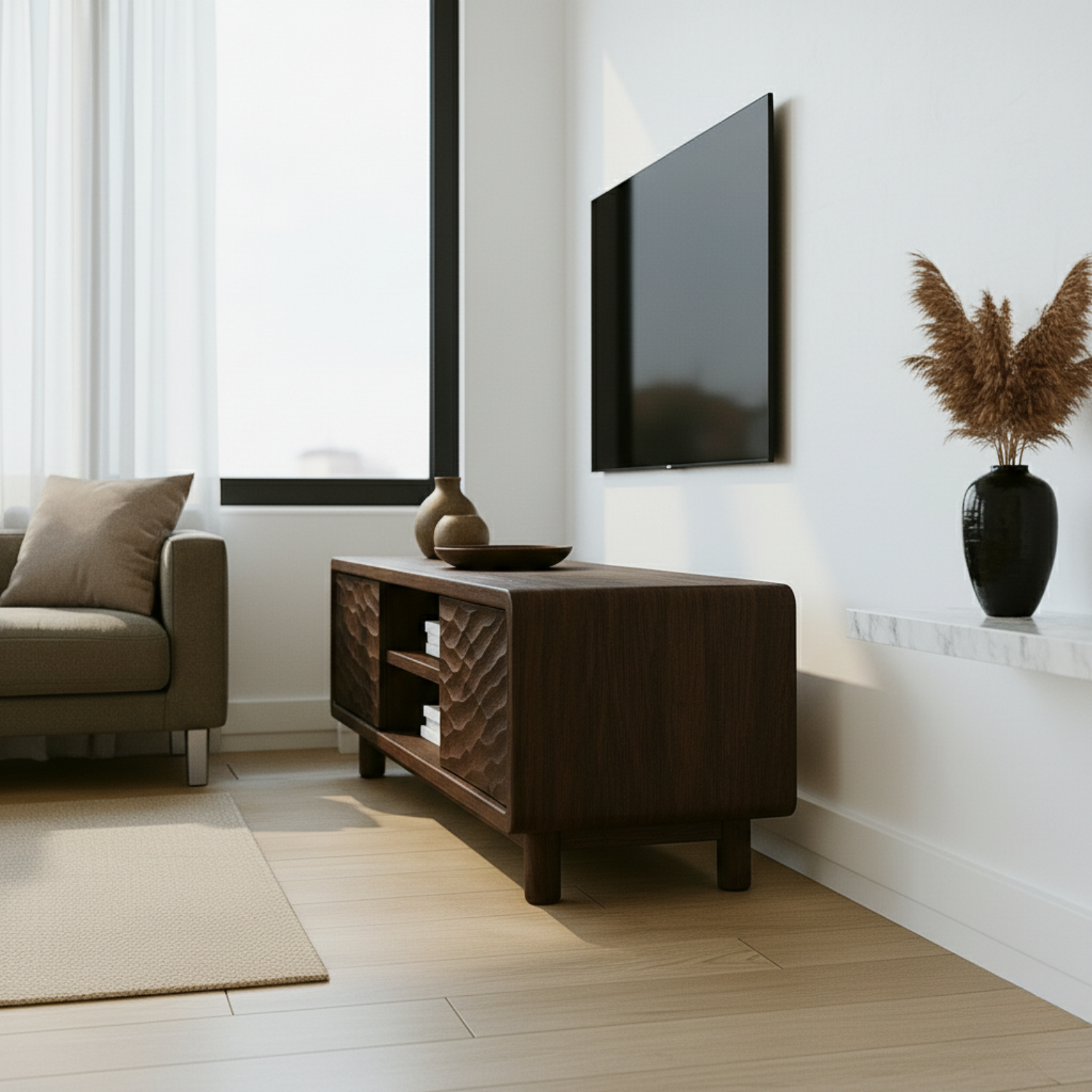 Solid Wood TV Stand with Wave-Pattern Doors & Open Shelving - Modern Living Room Design