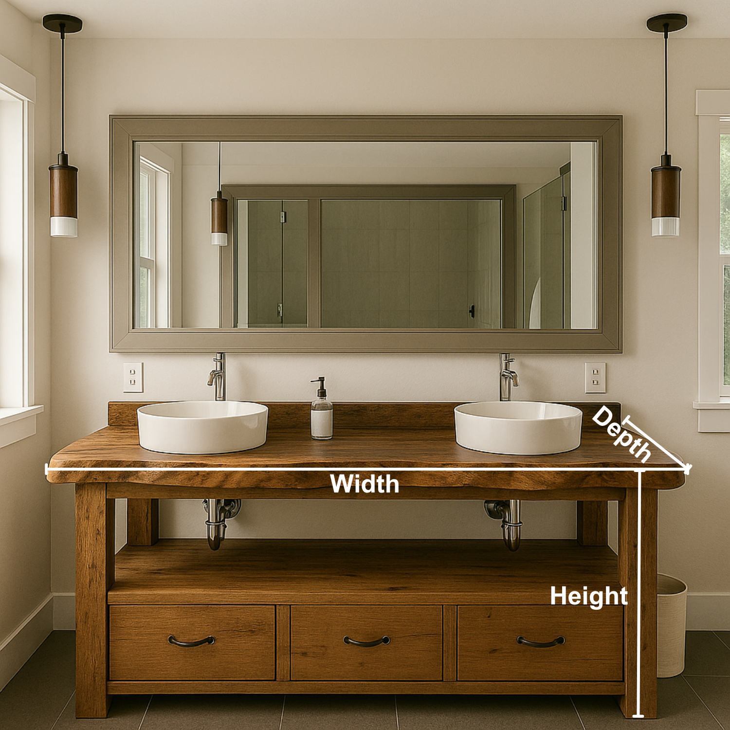 Solid Wood Double Bathroom Vanity Cabinet – Rustic Bathroom Vanity with 3 Drawers