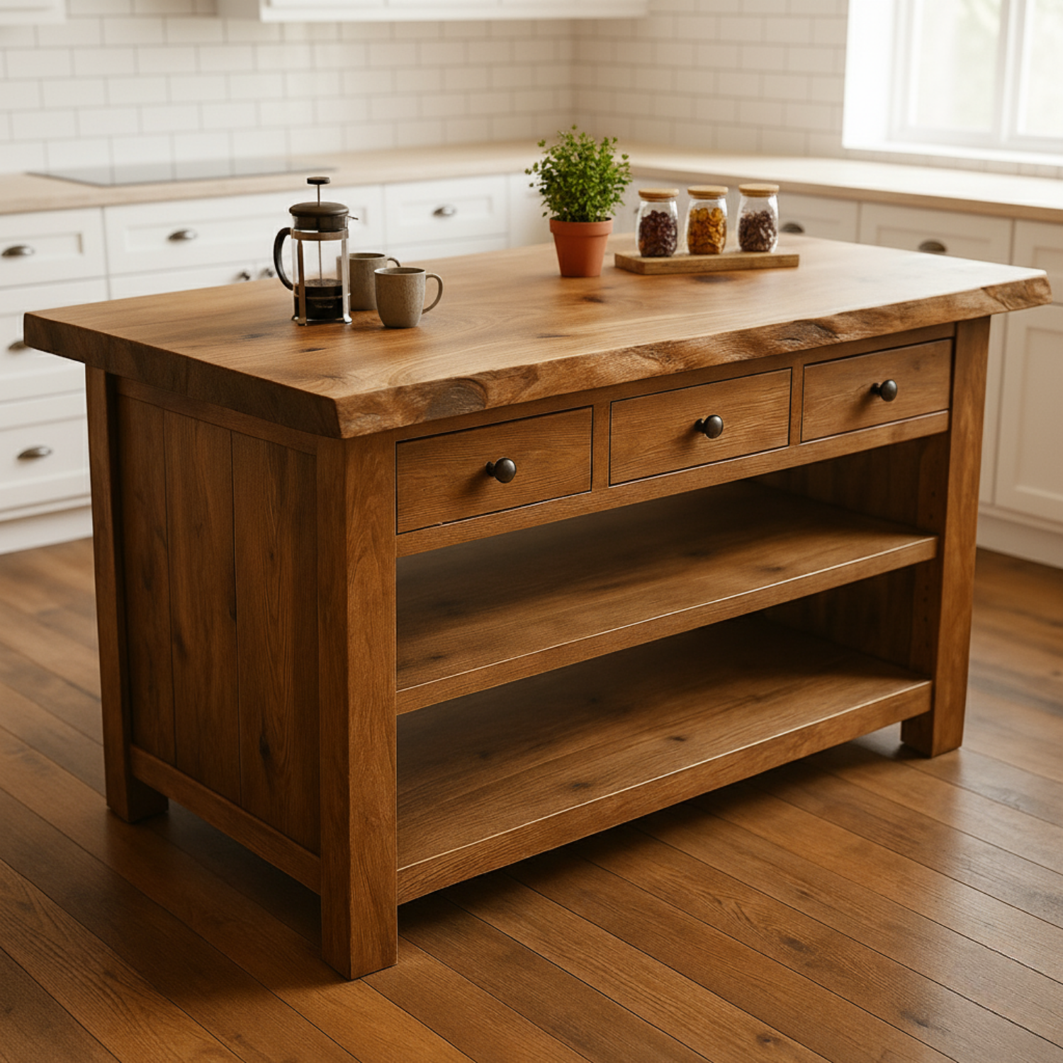 Rustic Farmhouse Kitchen Island: Solid Wood Prep Station with 3 Drawers