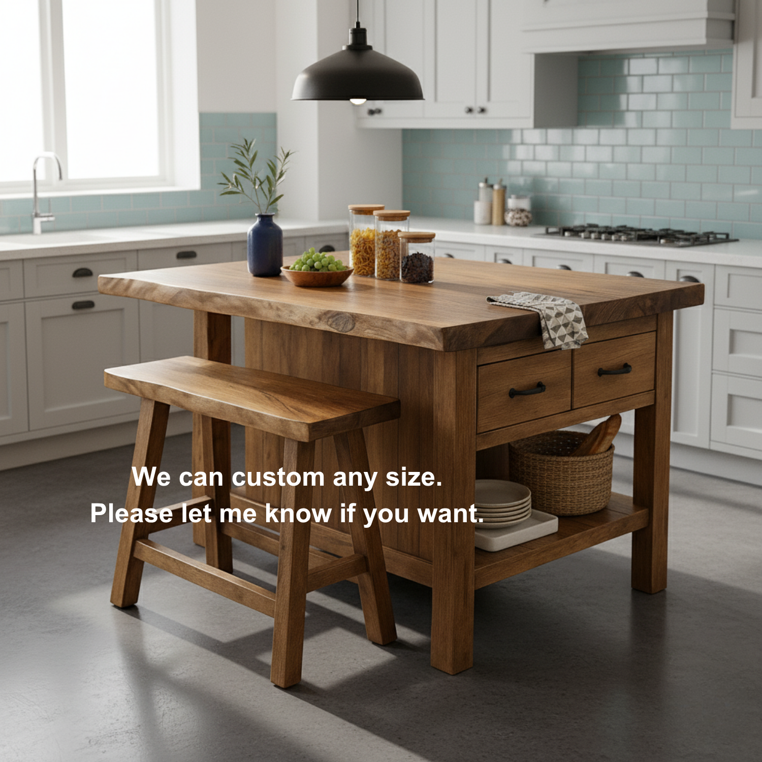 Live Edge Solid Wood Kitchen Island with Storage Drawers - Rustic Farmhouse Butcher Block Station
