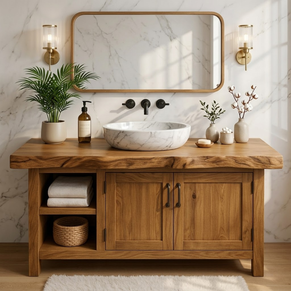 Handcrafted Solid Wood Bathroom Vanity with Live Edge Top and Farmhouse Rustic Design