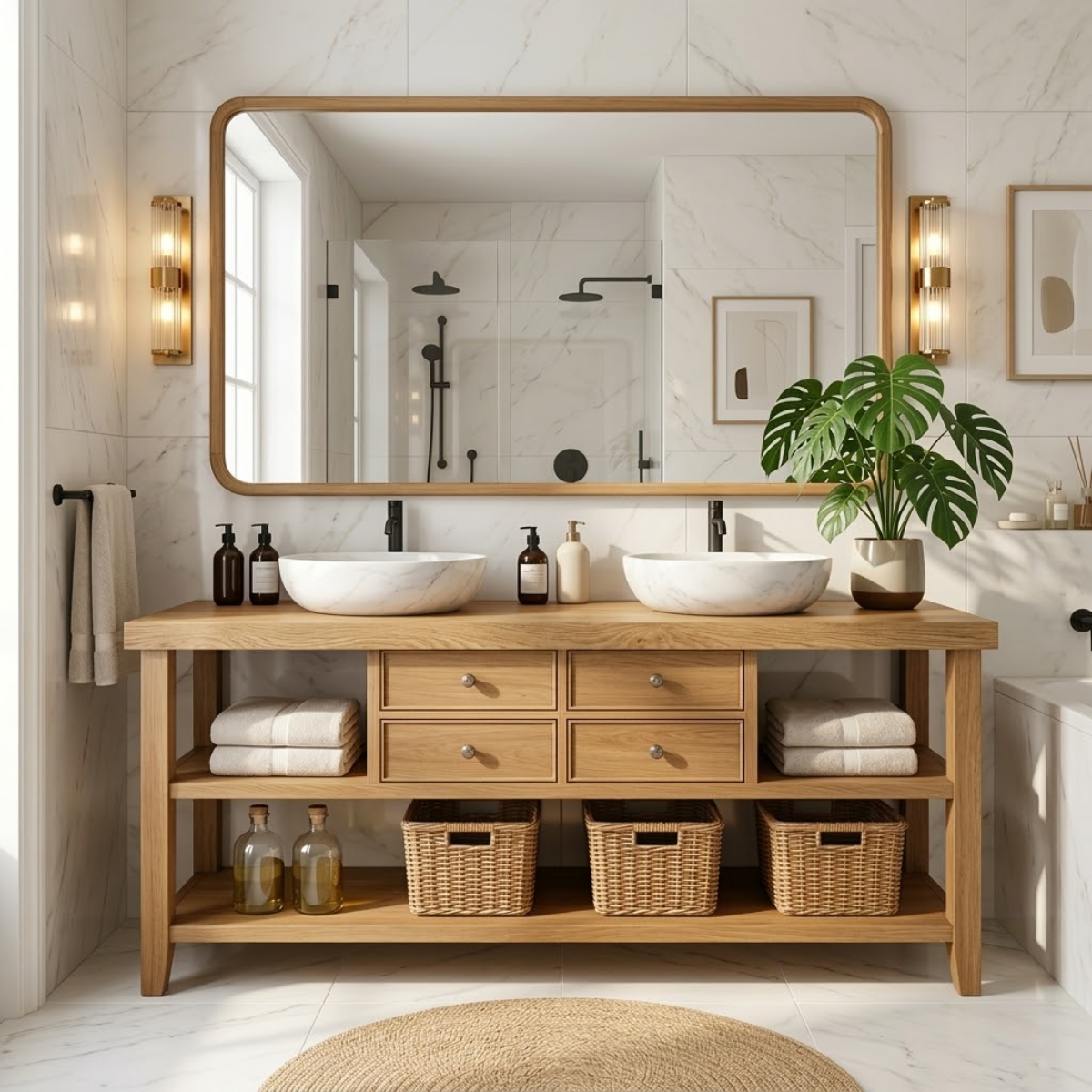 Modern Wooden Bathroom Vanity with Dual Marble Sinks and Ample Storage