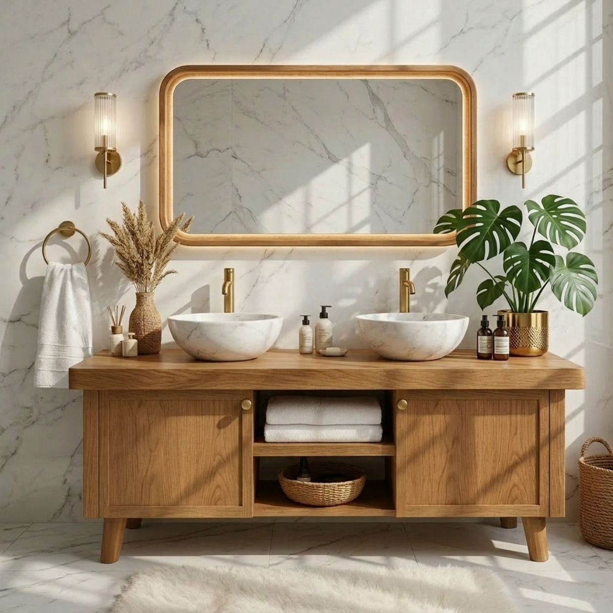 Stylish Wooden Double Sink Bathroom Vanity with Elegant Storage