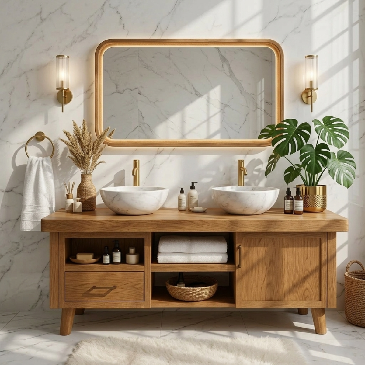 Elegant Modern Wooden Bathroom Vanity with Double Sink Design