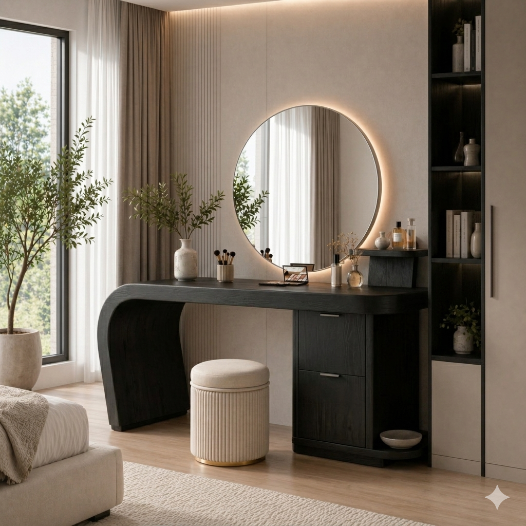 Solid Wood Makeup Vanity Desk with Curved Base and Storage Cabinet
