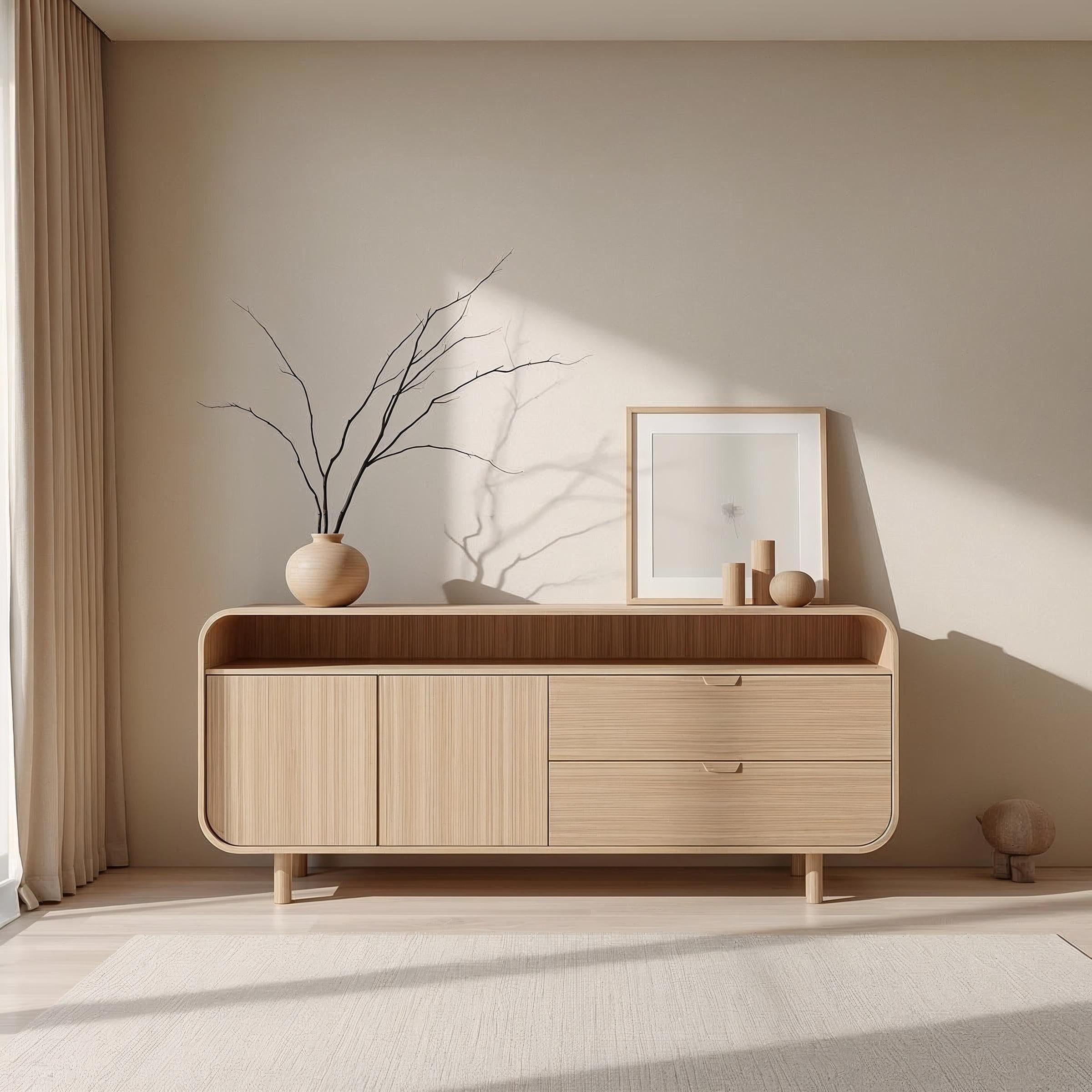 Contemporary Solid Wood Console Cabinet with Sliding Doors – Modern Storage Unit
