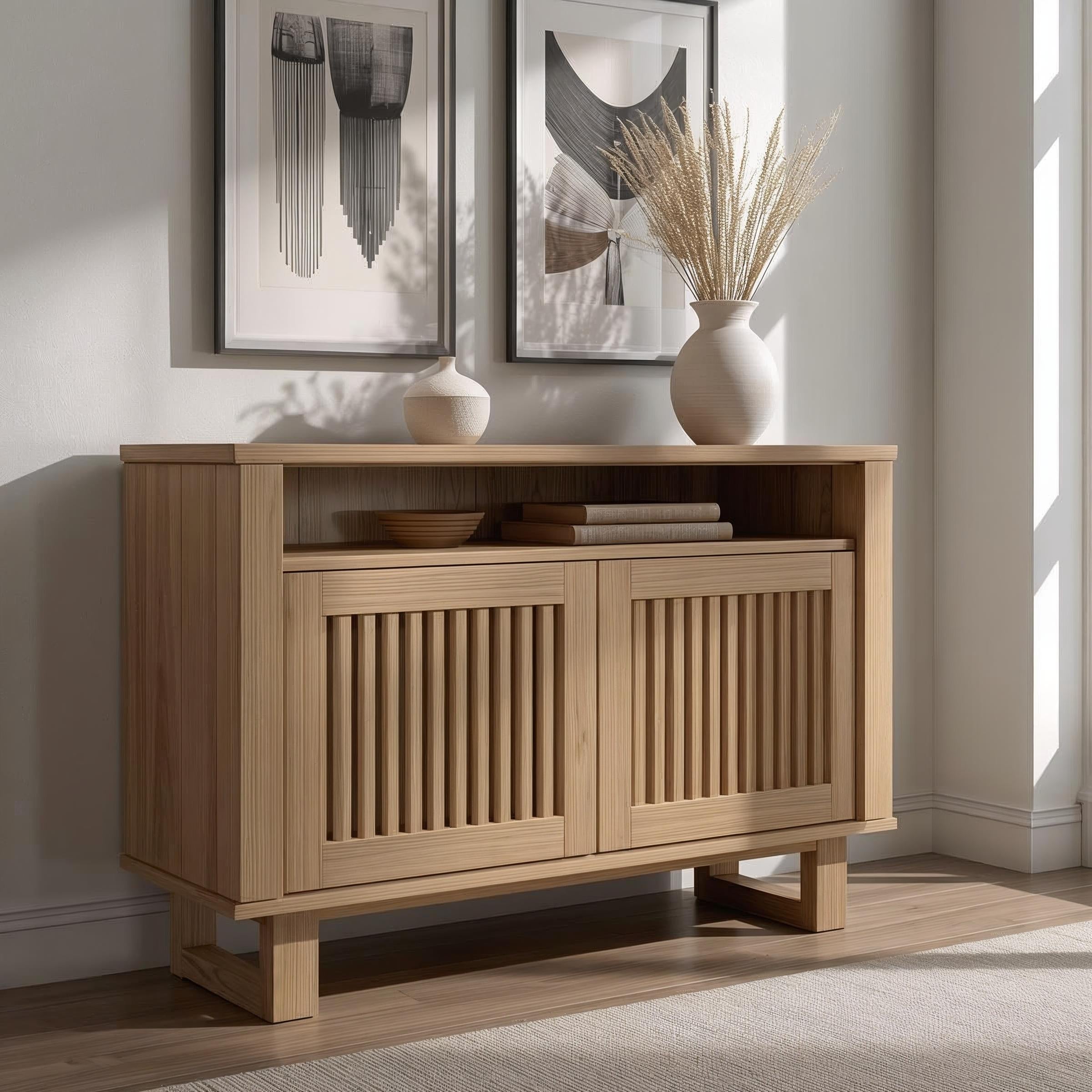 Modern Console Cabinet with Vertical Slatted Doors – Elegant Storage Solution