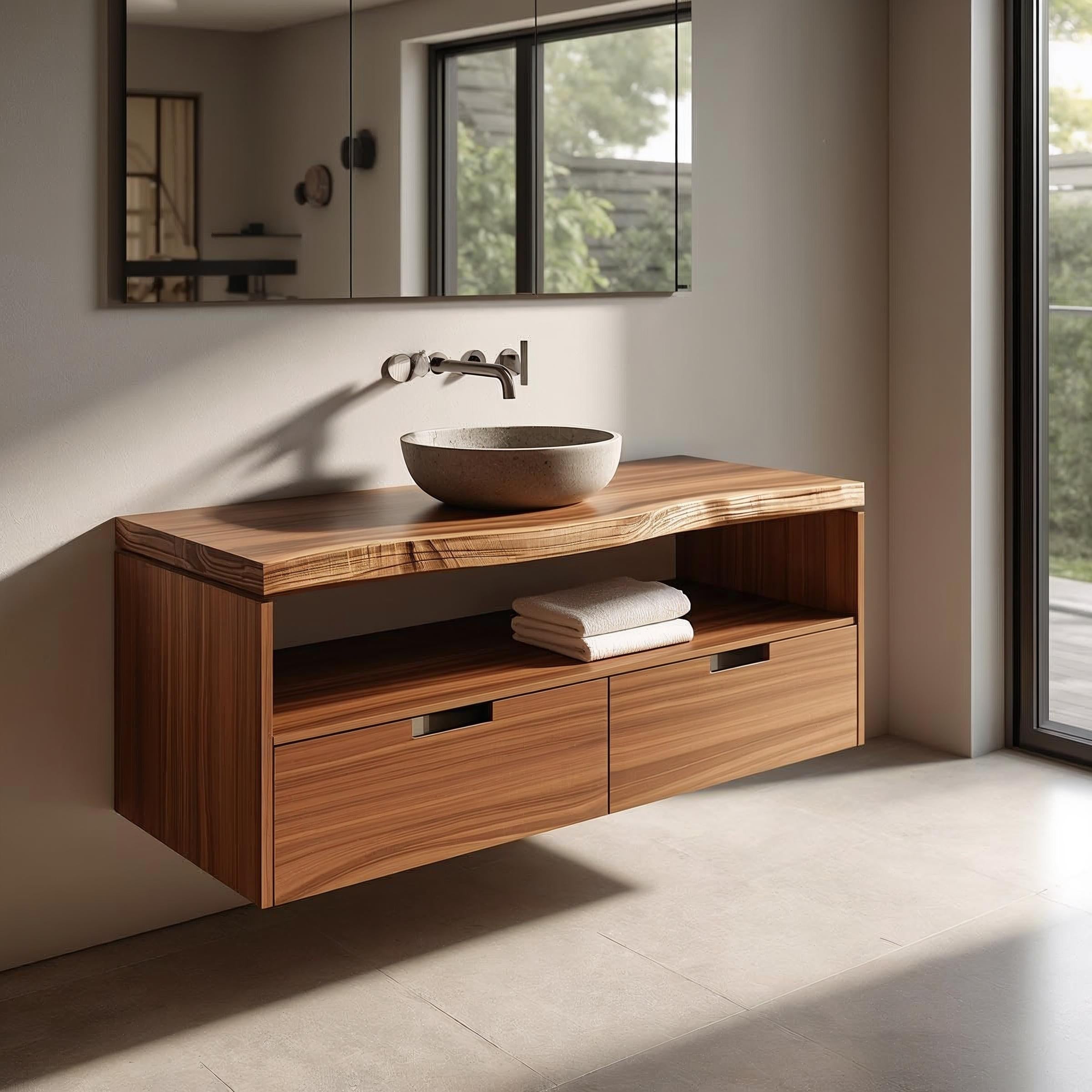 Floating Solid Wood Bathroom Vanity with Drawers – Modern Wall-Mounted Storage