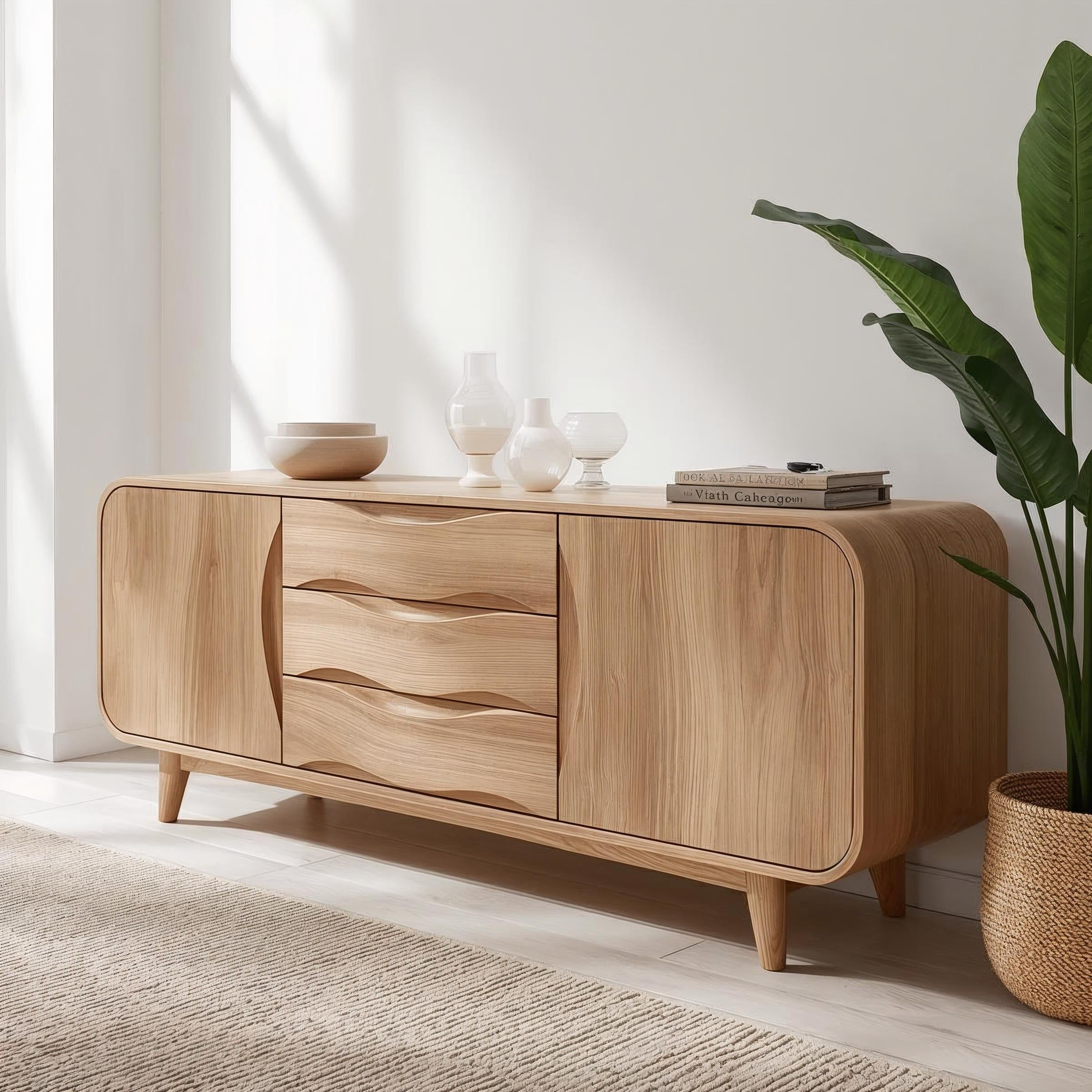 Solid Wood Console Table with Wave Drawers – Modern Entryway Storage Cabinet