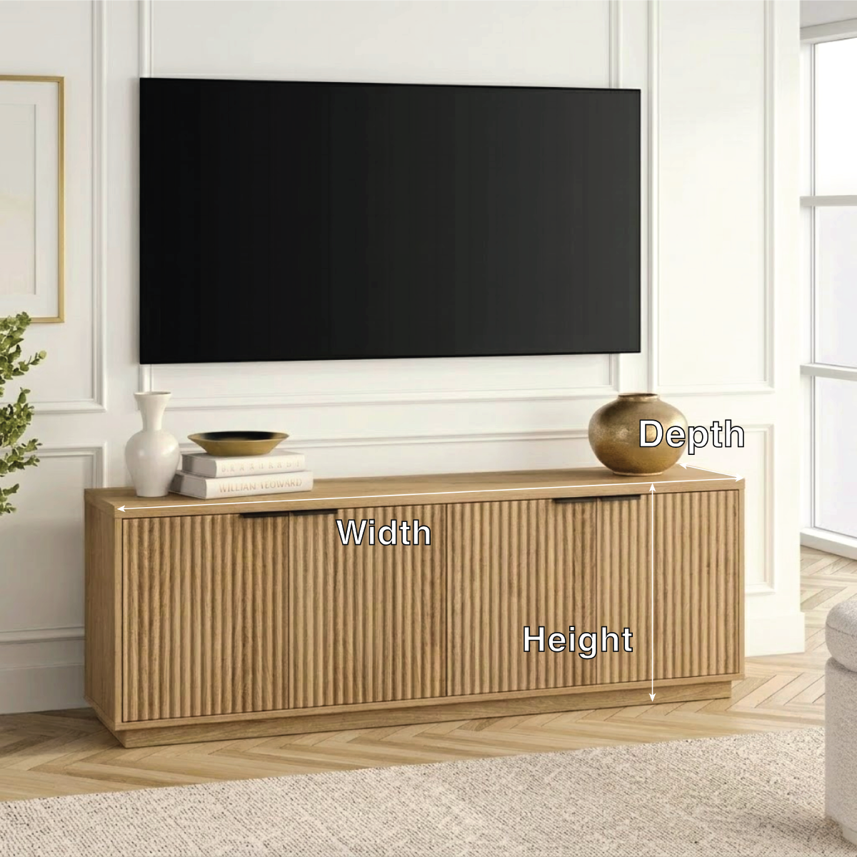 Fluted Solid Wood TV Stand Modern Low Profile Media Console with Hidden Storage