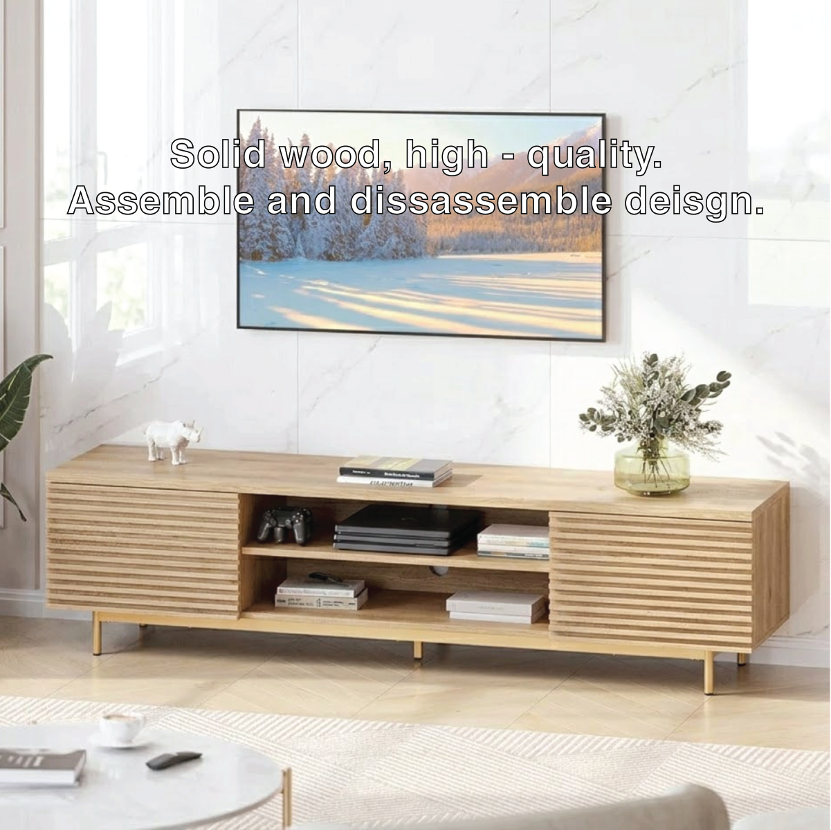 Modern Solid Wood TV Stand with Slatted Panels Open Shelf Media Console Storage