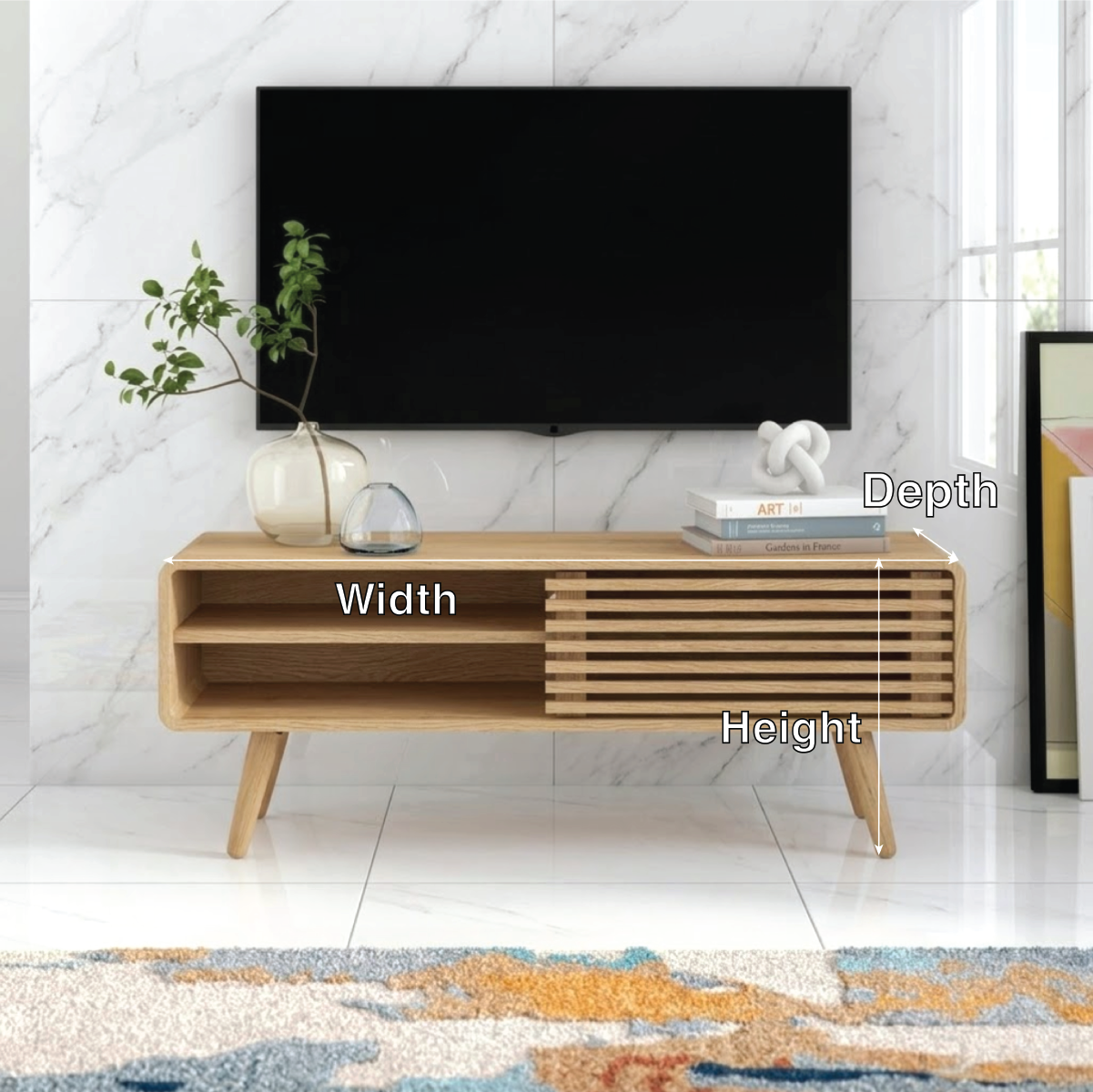 Modern Solid Wood TV Stand with Slatted Door Open Shelf Mid Century Media Console
