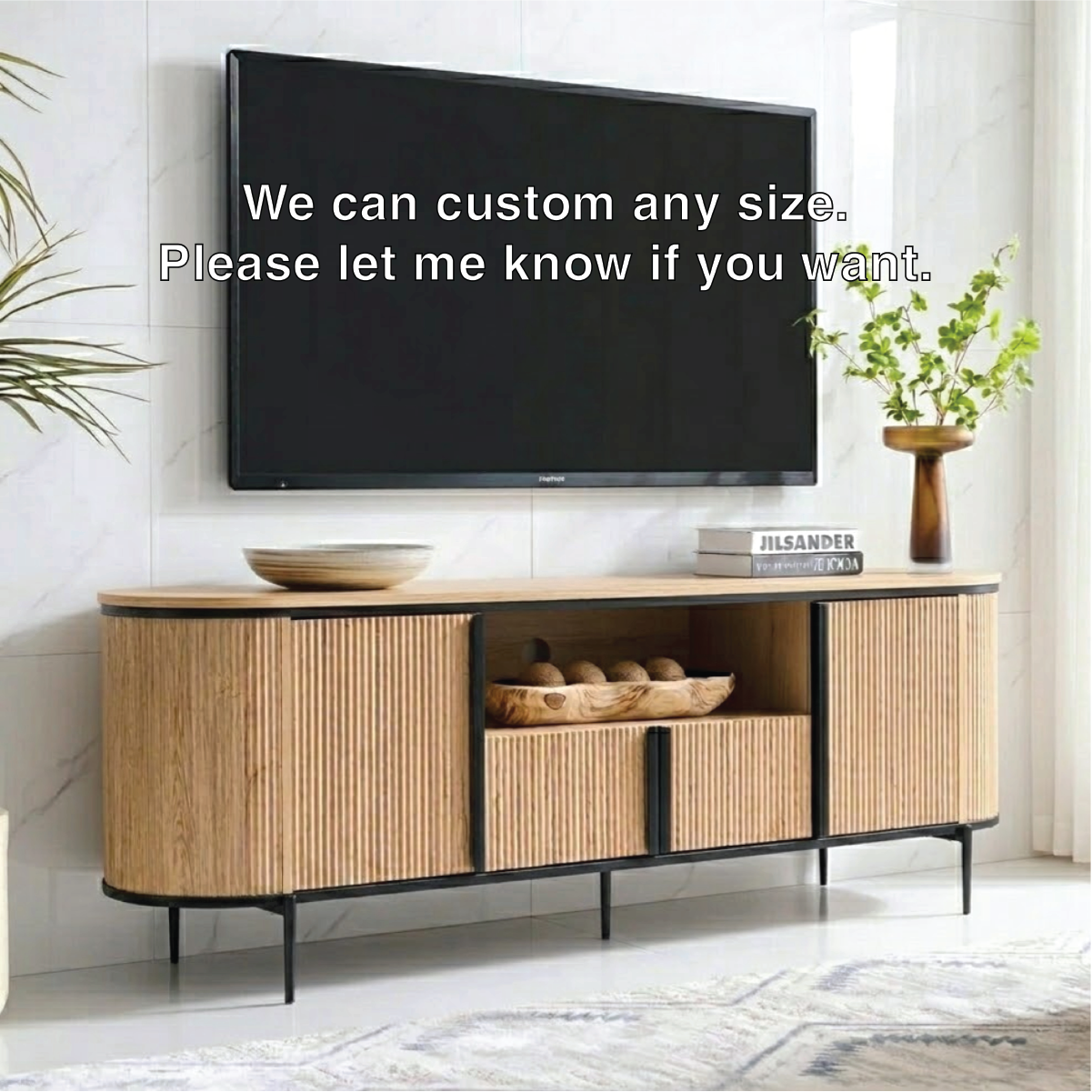 Modern Solid Wood TV Stand Curved Fluted Media Console with Metal Base Storage
