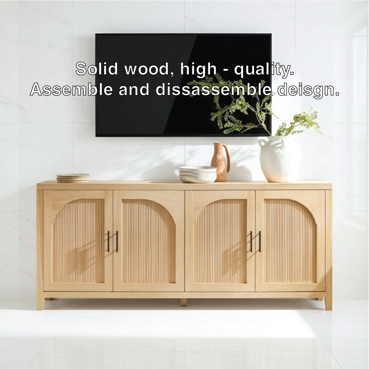 Modern Solid Wood TV Stand Arched Fluted Doors Media Console Storage Cabinet