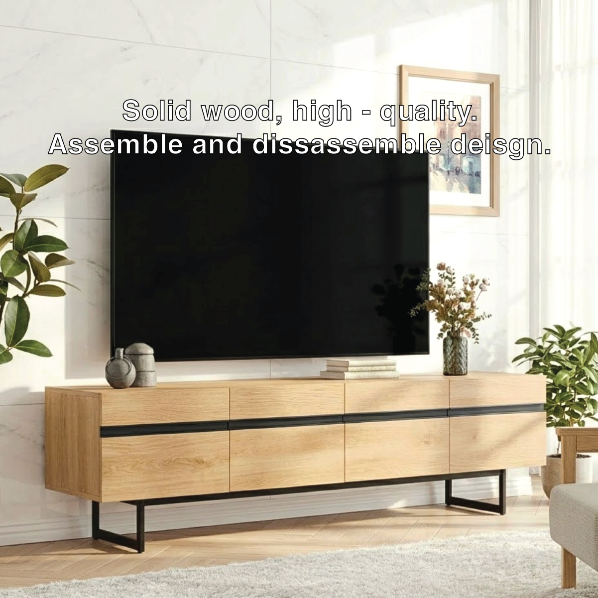 Modern Solid Wood TV Stand Long Media Console with Black Accent and Metal Legs
