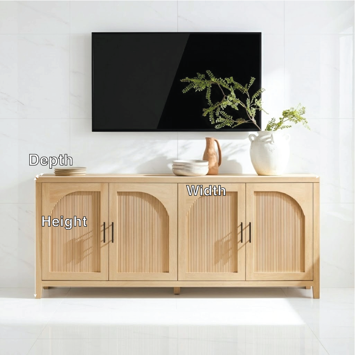Modern Solid Wood TV Stand Arched Fluted Doors Media Console Storage Cabinet