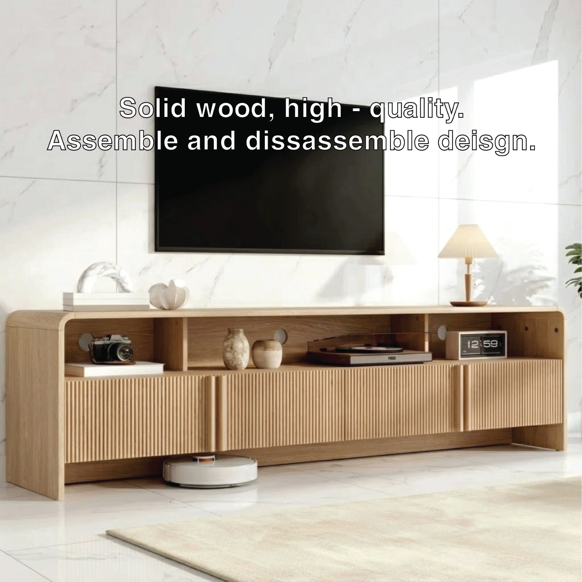 Modern Solid Wood TV Stand with Open Shelf Fluted Doors Low Profile Media Console